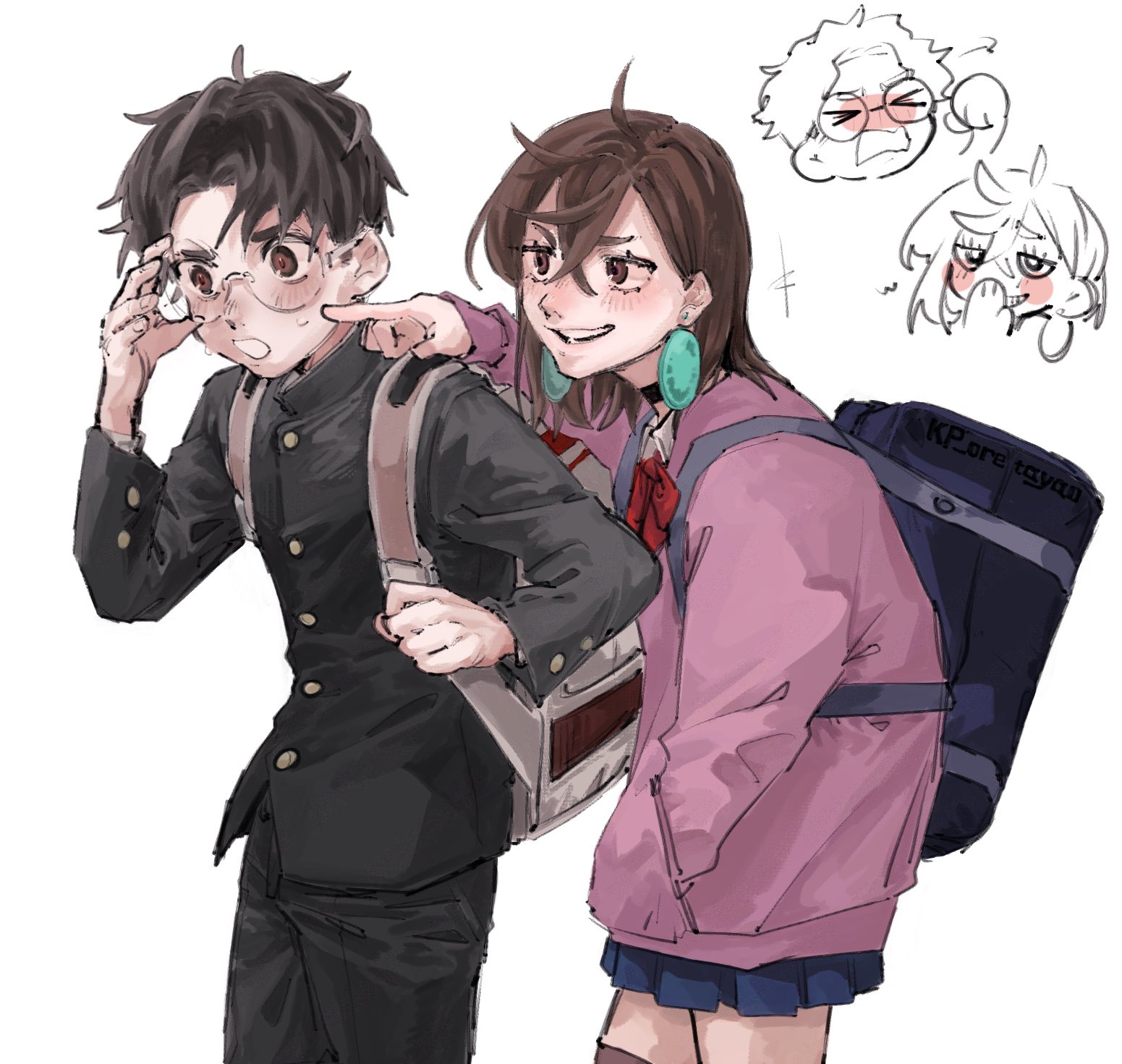 kp oretayao, ayase momo, takakura ken (dandadan), dandadan, highres, > <, 1boy, 1girl, adjusting eyewear, backpack, bag, black choker, black hair, black jacket, black pants, blue skirt, blush, bow, bowtie, brown eyes, brown hair, chibi, chibi inset, choker, clenched hand, collared shirt, cowboy shot, crossed bangs, d:, dx, earrings, furrowed brow, gakuran, glasses, gold buttons, grin, hair between eyes, hand in pocket, hand to own mouth, jacket, jewelry, medium hair, nervous sweating, open mouth, pants, parted bangs, pink sweater, pleated skirt, red bow, red bowtie, round eyewear, school uniform, shirt, short hair, skirt, smile, sweat, sweater, teeth, white background, white shirt