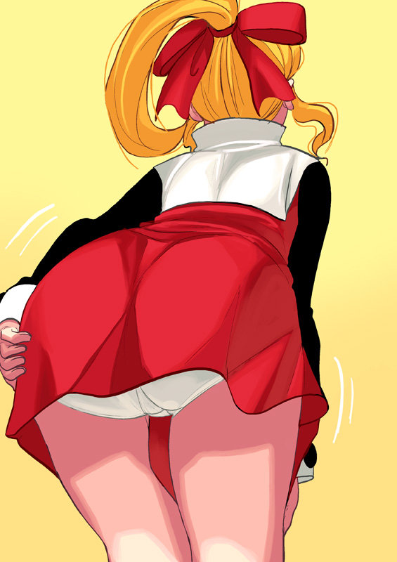 kouno (masao), roll (mega man), capcom, mega man (classic), mega man (series), bad id, bad pixiv id, 1girl, ass, back, bent over, blonde hair, bow, cowboy shot, dress, female focus, grabbing own ass, hair bow, panties, pantyshot, ponytail, red skirt, ribbon, skirt, solo, underwear, upskirt, white panties