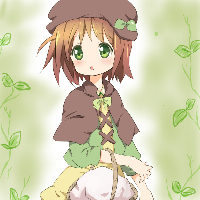 maruki (punchiki), original, bad id, bad pixiv id, :o, basket, blush, brown hair, child, green eyes, hat, leaf, short hair, solo