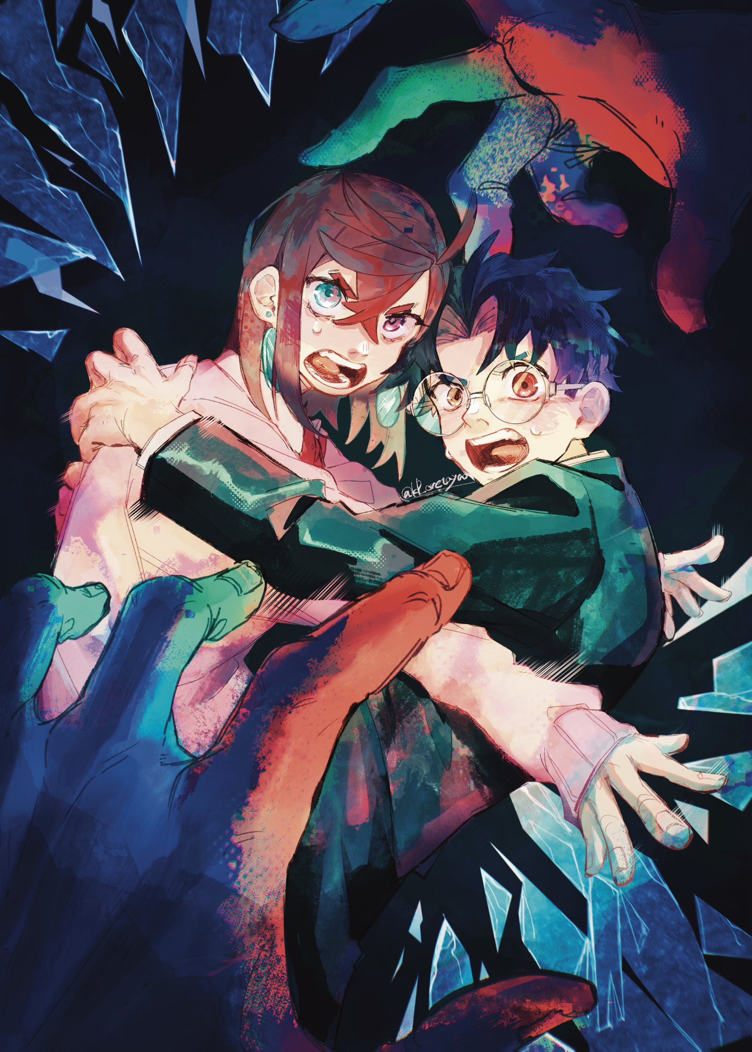 kp oretayao, ayase momo, takakura ken (dandadan), dandadan, highres, 1boy, 1girl, arm around shoulder, black hair, black jacket, bow, bowtie, brown eyes, brown hair, collared shirt, crossed bangs, earrings, furrowed brow, gakuran, glasses, hair between eyes, jacket, jewelry, medium hair, open mouth, outstretched arms, parted bangs, pink sweater, red bow, red bowtie, round eyewear, school uniform, shirt, shirt under sweater, short hair, shouting, sweatdrop, sweater, twitter username, upper body, white shirt