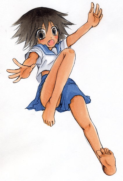 kingmaker, sekiutsu maria tarou, sayonara zetsubou sensei, 00s, 1girl, barefoot, blush stickers, brown eyes, brown hair, dark-skinned female, dark skin, fang, feet, female focus, school uniform, short hair, skirt, solo