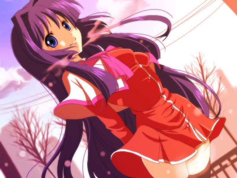 hiiro (kikokico), kiko, minase nayuki, kanon, bad id, bad pixiv id, 1girl, arms behind back, blue eyes, dutch angle, female focus, long hair, purple hair, red skirt, school uniform, skirt, solo, thighhighs
