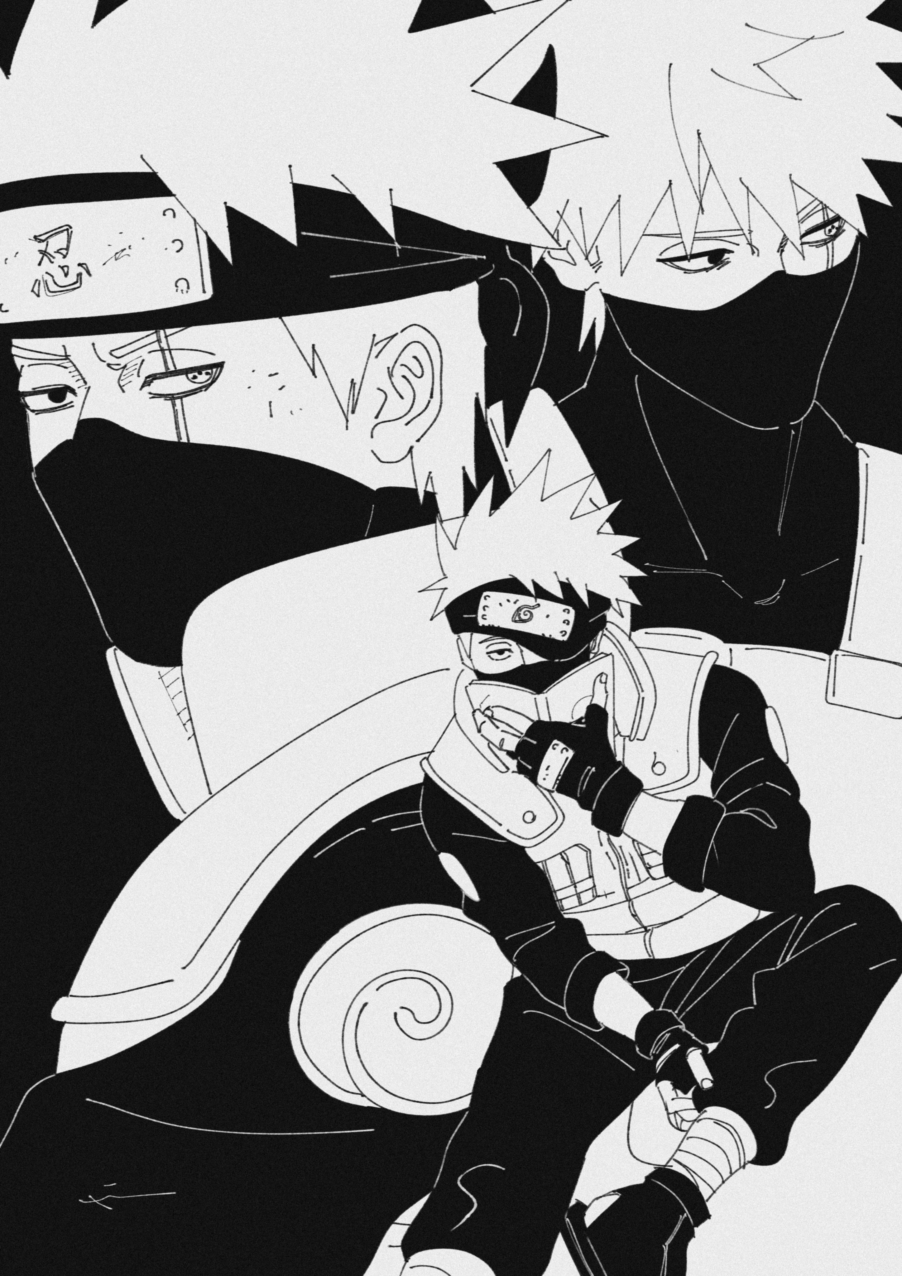 hatake kakashi, naruto (series), absurdres, highres, 1boy, bandaged leg, bandages, black background, black gloves, black mask, black pants, black shirt, black shoes, book, fingerless gloves, gloves, greyscale, headband, heterochromia, holding, holding book, male focus, mask, monochrome, mouth mask, multiple views, open-toe shoes, pants, reading, scar, scar across eye, scar on face, sharingan, shirt, shoes, short hair, solo, spiked hair, vest, white hair, xi illili