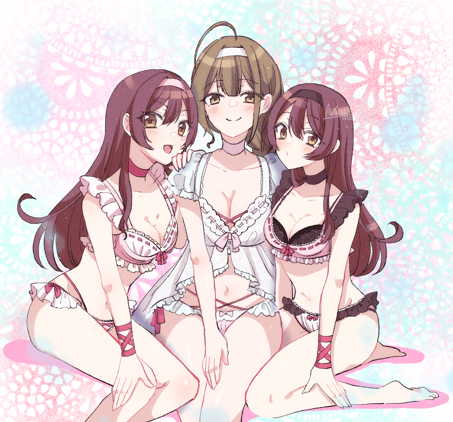 amaori (amaori 10), kuwayama chiyuki, osaki amana, osaki tenka, idolmaster, idolmaster shiny colors, highres, 3girls, :d, ahoge, alstroemeria (idolmaster), bare legs, barefoot, black choker, black hairband, blunt bangs, bra, braid, braided ponytail, breasts, brown eyes, brown hair, choker, cleavage, closed mouth, collarbone, frilled bra, frilled panties, frills, hair intakes, hairband, hand on another's shoulder, lingerie, long hair, looking at viewer, medium breasts, multi-strapped panties, multiple girls, navel, open mouth, panties, pink bra, pink choker, pink hairband, pink panties, red ribbon, ribbon, ribbon-trimmed bra, ribbon trim, short sleeves, signature, smile, underwear, underwear only, very long hair, white choker, white hairband, wrist ribbon