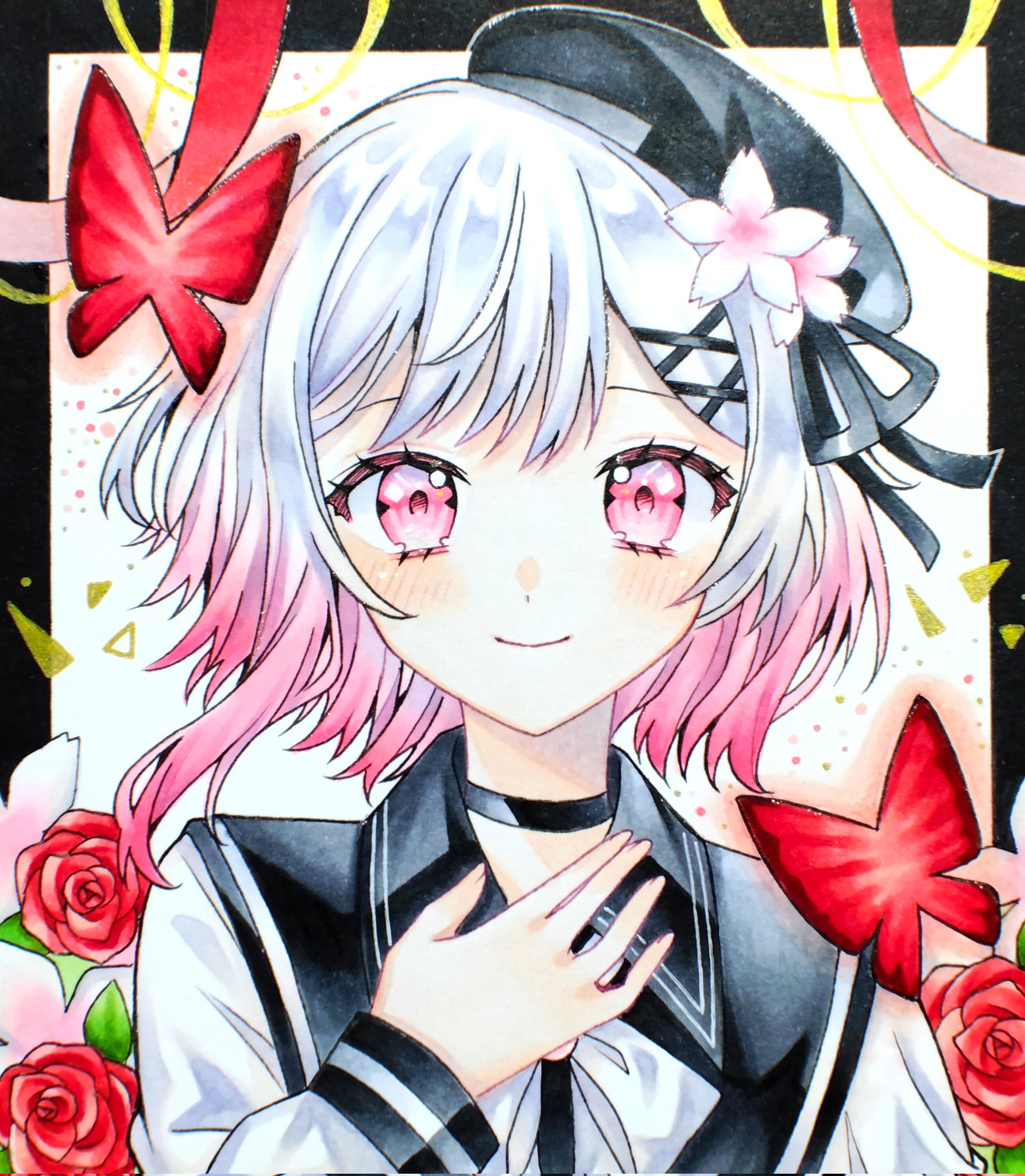 sakuraba ema, mahou shoujo no majo saiban, commentary request, highres, traditional media, 1girl, akatsuki nea, beret, black border, black choker, black hat, border, bug, butterfly, cherry blossoms, choker, closed mouth, floral background, flower, gradient hair, hair flower, hair ornament, hat, insect, long sleeves, looking at viewer, magical girl, multicolored hair, pink eyes, pink hair, red butterfly, red flower, red rose, ribbon, rose, sailor collar, short hair, smile, solo, upper body, white flower, white hair, x hair ornament