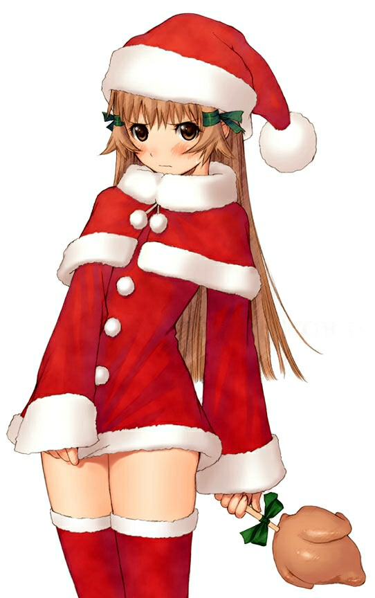 tony taka, re mii, zoids, zoids genesis, non-web source, 00s, 1girl, angry, bird, blush, brown eyes, brown hair, capelet, chicken, chicken (food), christmas, covering crotch, covering privates, female focus, food, long hair, panties, petite, santa costume, shirt tug, solo, thighhighs, underwear
