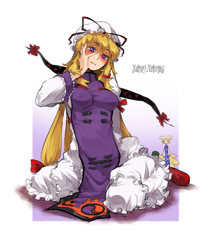 oso (toolate), chen, yakumo ran, yakumo yukari, touhou, 3girls, arm support, blonde hair, blush, bow, breasts, character name, dress, female focus, fox tail, frilled dress, frills, gap (touhou), hair bow, hand on own cheek, hand on own face, hat, large breasts, long hair, looking at viewer, multiple girls, multiple tails, purple eyes, shoes, sitting, solo focus, tail, wariza