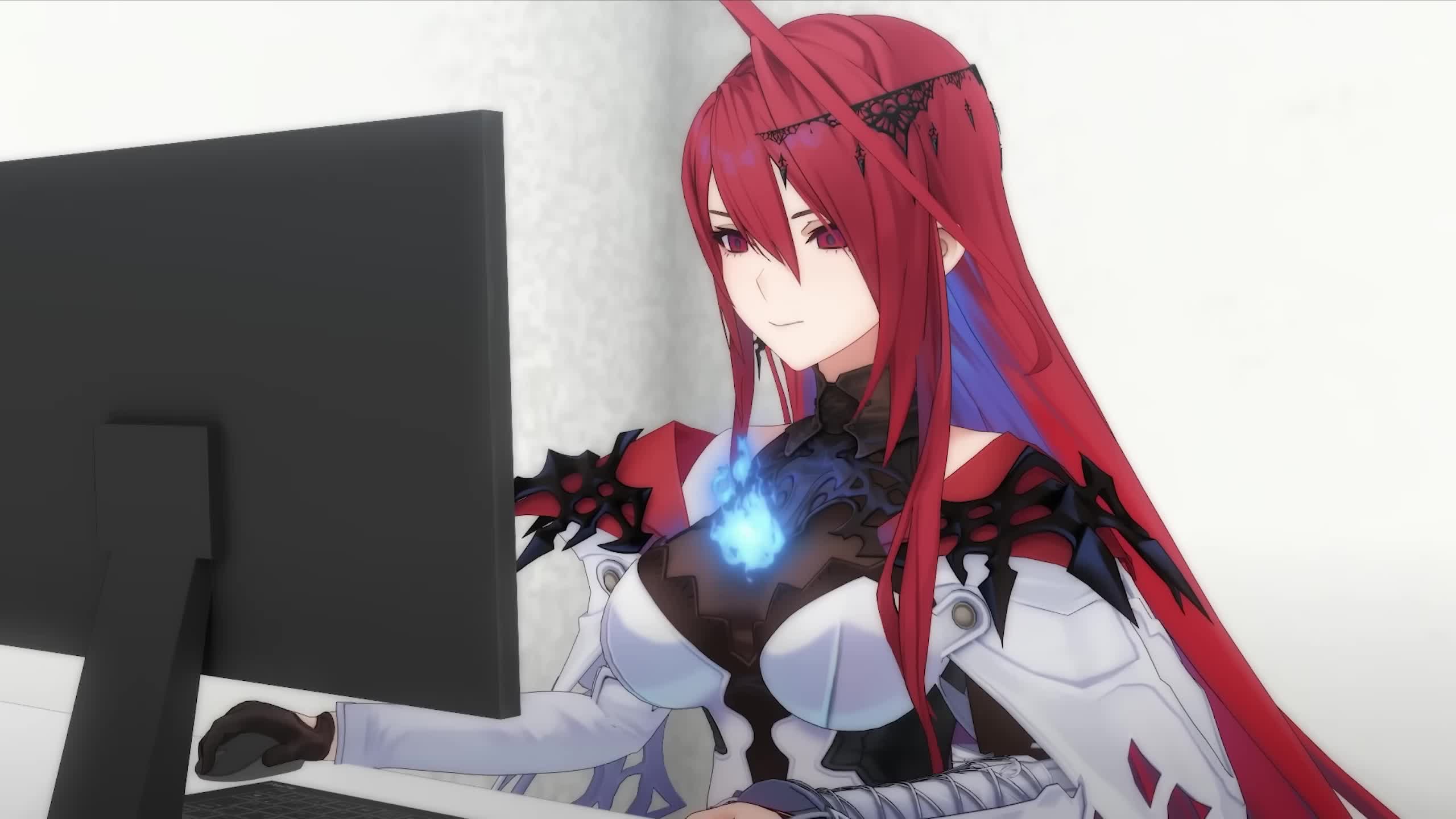 elizabeth rose bloodflame, elizabeth rose bloodflame (1st costume), hololive, hololive english, animated, audible speech, commentary, english audio, english commentary, highres, official art, sound, video, 1girl, 3d, ahoge, blue fire, blush, breasts, colored inner hair, fire, huge ahoge, laughing, long hair, multicolored hair, open mouth, red eyes, red hair, smile, subtitled, thorn (elizabeth rose bloodflame), very long hair, virtual youtuber