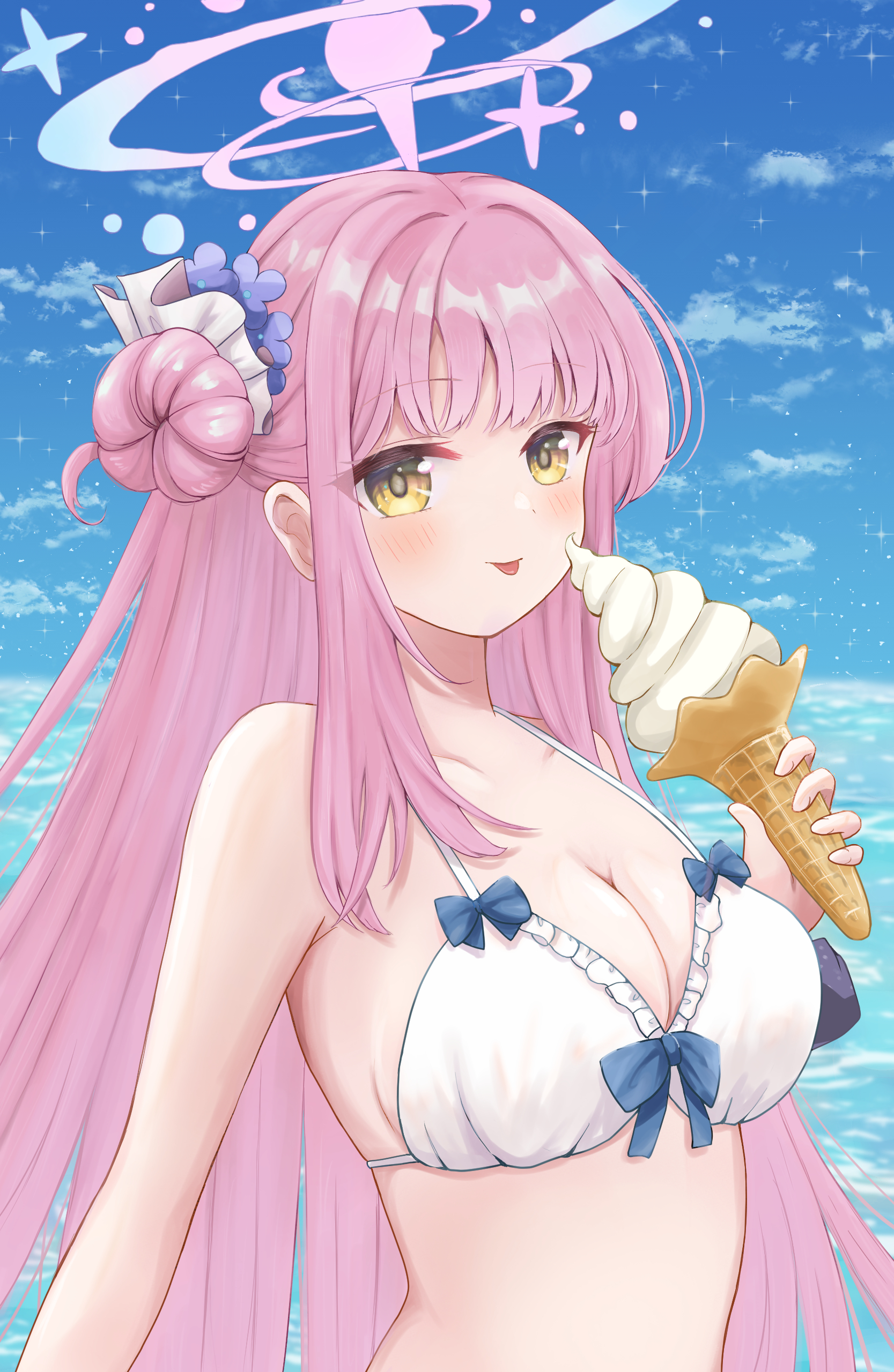 a ekoa, mika (blue archive), mika (swimsuit) (blue archive), blue archive, absurdres, commentary, commentary request, highres, 1girl, :p, bare shoulders, bikini, blue bow, blue sky, blunt bangs, blush, bow, bow bikini, breasts, cleavage, closed mouth, collarbone, day, eyes visible through hair, flower, food, frilled bikini, frills, hair bun, hair flower, hair ornament, halo, hand up, holding, holding ice cream cone, ice cream, ice cream cone, large breasts, long hair, looking at viewer, ocean, official alternate costume, outdoors, pink hair, pink halo, purple flower, sidelocks, single side bun, sky, smile, solo, sparkle, straight hair, swimsuit, tongue, tongue out, upper body, very long hair, white bikini, yellow eyes, yellow pupils