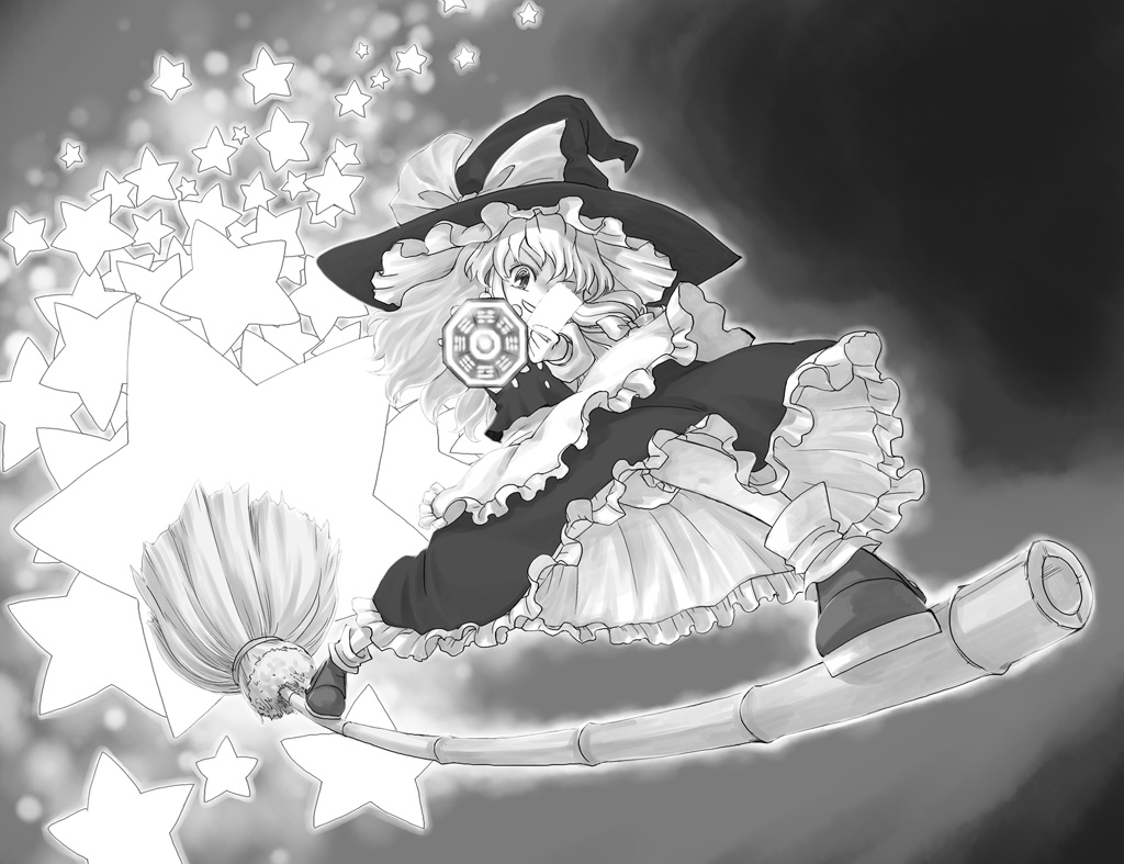 kiriu, kirisame marisa, touhou, 1girl, bamboo broom, broom, broom surfing, female focus, flying, frills, greyscale, hat, looking at viewer, mini-hakkero, monochrome, smile, solo, spell card, star (symbol), trigram, witch, witch hat