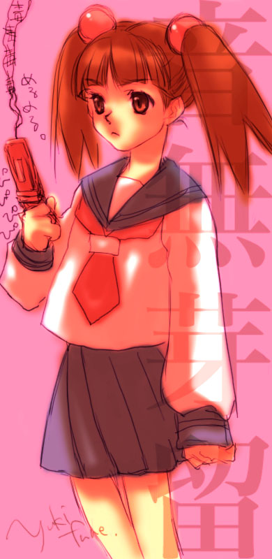 yukifune, otonashi meru, sayonara zetsubou sensei, bad id, bad pixiv id, translated, 00s, brown eyes, brown hair, cellphone, hair ornament, phone, school uniform, serafuku, short hair, skirt, solo, sphere hair ornament, twintails