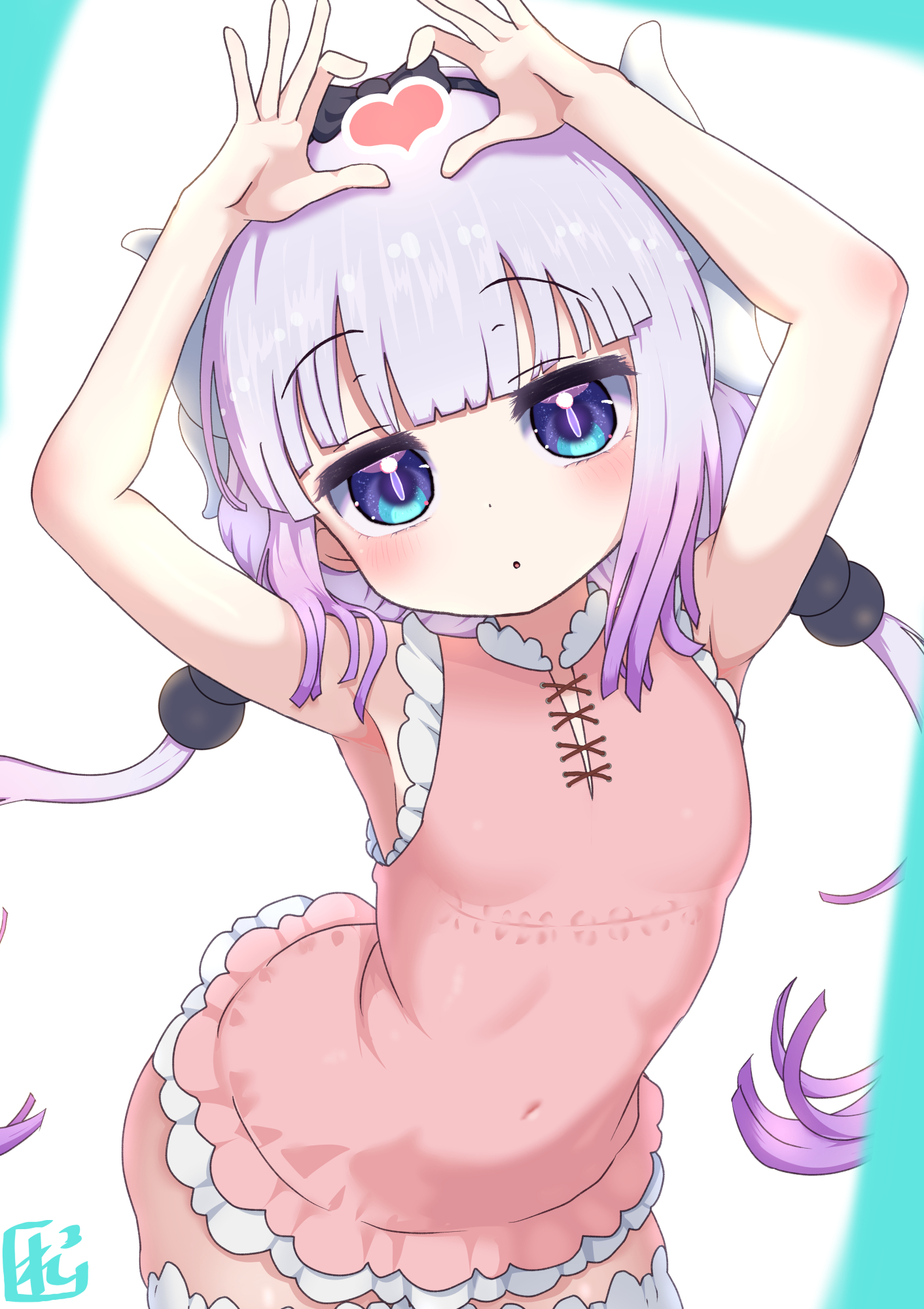 reiwa rerere, kanna kamui, kobayashi-san chi no maidragon, commentary request, highres, 1girl, :o, arms up, beads, blue eyes, blunt bangs, blush, breasts, covered navel, cowboy shot, dragon girl, dragon horns, dress, four-finger heart hands, hair beads, hair ornament, heart, heart hands, horns, looking at viewer, low twintails, parted lips, pink dress, purple hair, sleeveless, sleeveless dress, slit pupils, small breasts, solo, standing, twintails
