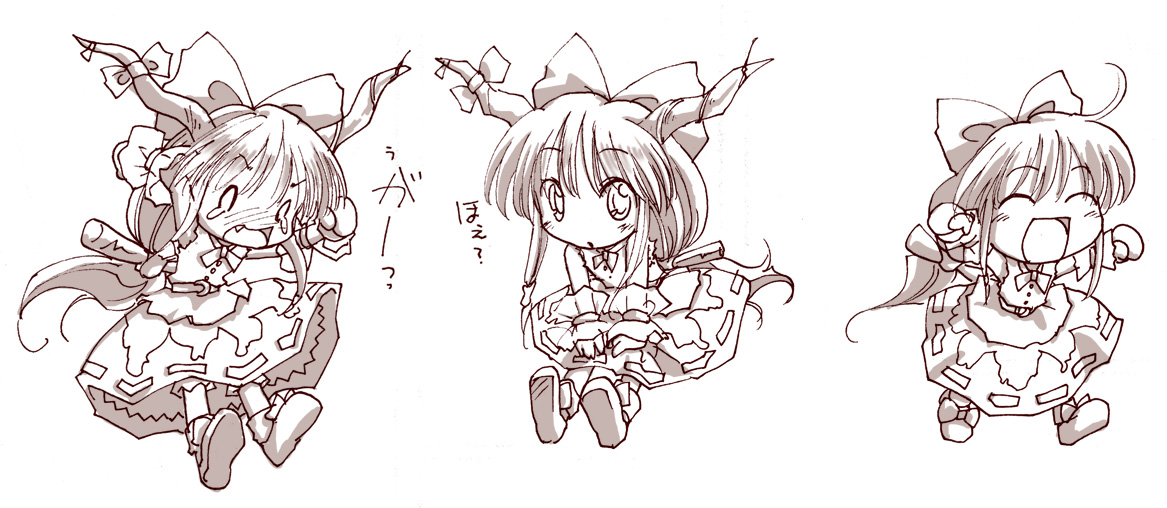 kiriu, ibuki suika, touhou, bad id, bad pixiv id, 1girl, chibi, female focus, greyscale, happy, horn ornament, horn ribbon, horns, monochrome, multiple views, oni, ribbon, skirt, tears, white background