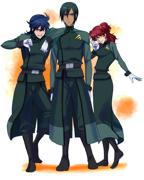 kamosuke, johann trinity, michael trinity, nena trinity, gundam, gundam 00, 00s, 1girl, 2boys, brother and sister, brothers, freckles, gloves, military, military uniform, multiple boys, one eye closed, red hair, siblings, two side up, v, wink, yellow eyes