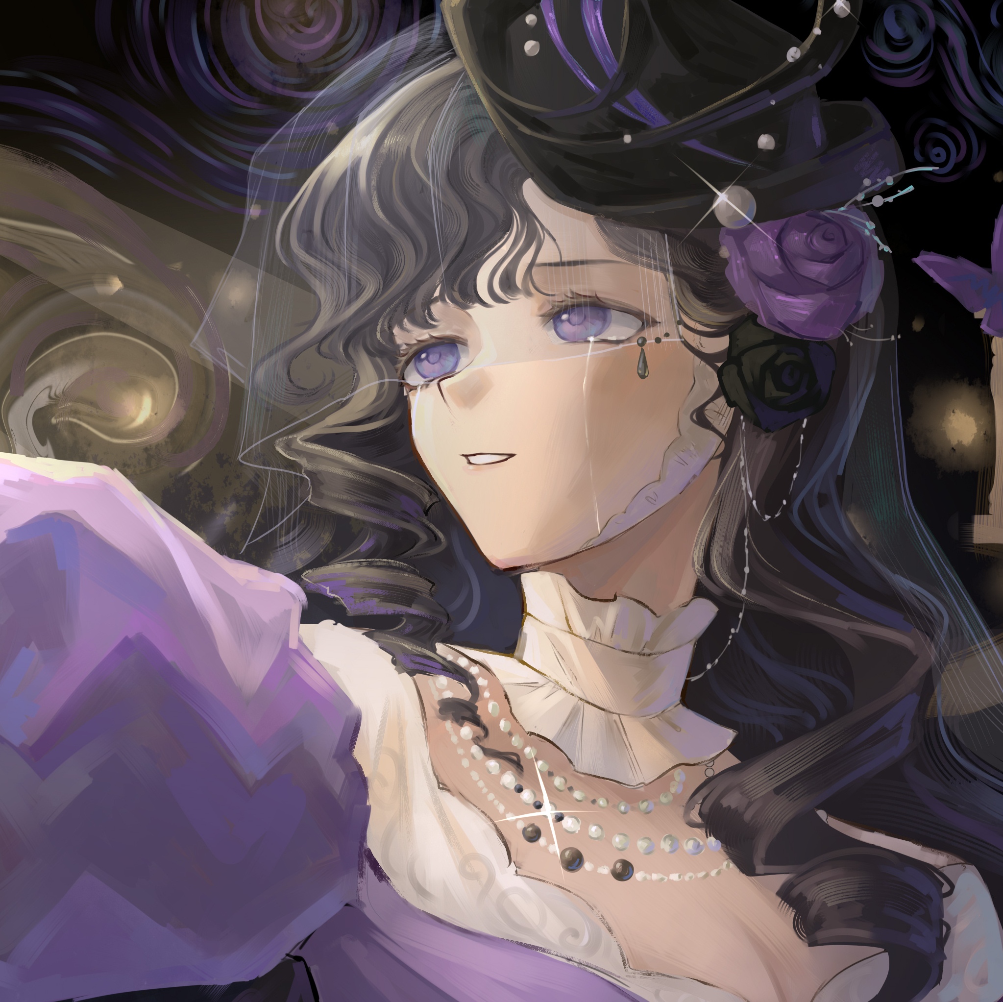 isolde (reverse:1999), reverse:1999, highres, 1girl, black background, black flower, black hair, black hat, black rose, choker, dress, flower, frilled choker, frills, gem, grin, hair flower, hair ornament, hat, long hair, outside border, outstretched arm, pearl (gemstone), purple dress, purple eyes, purple flower, purple rose, ranla, rose, see-through clothes, see-through veil, single tear, smile, solo, veil, white choker