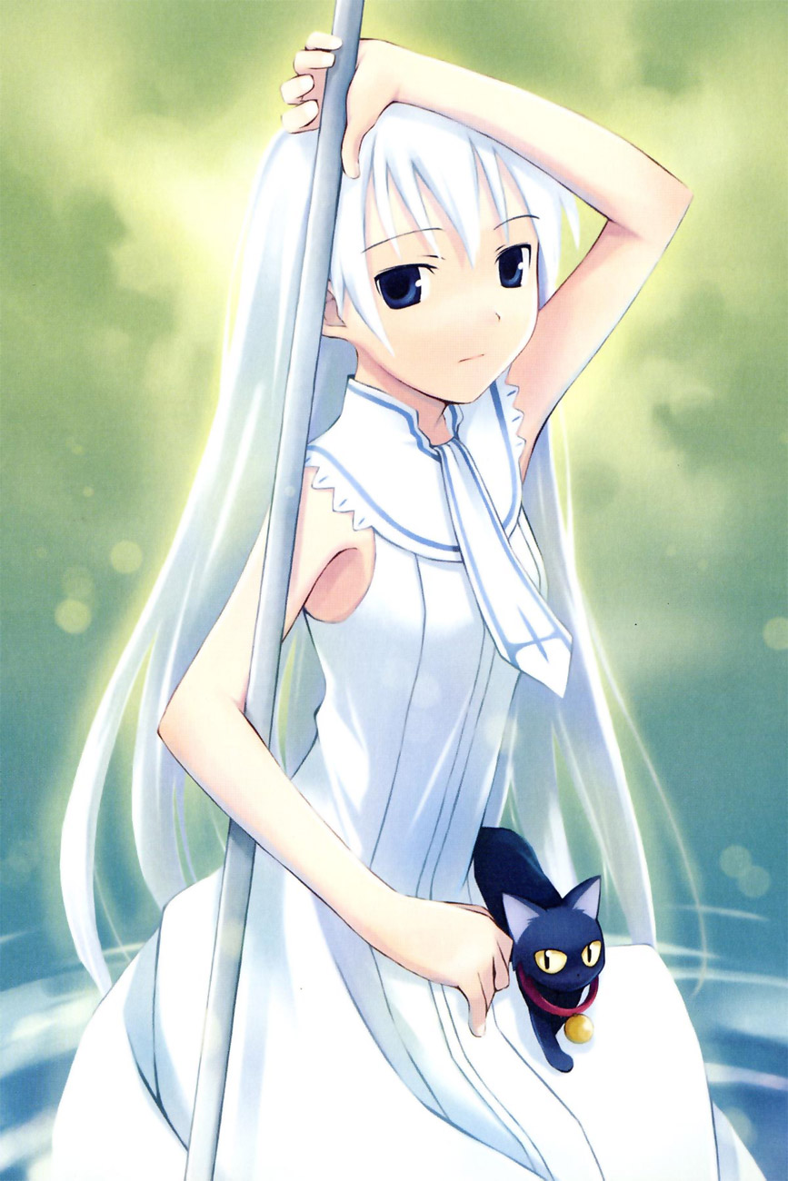 nanakusa, daniel, daniel (shinigami no ballad), momo (shinigami no ballad), shinigami no ballad, highres, 00s, 1girl, black cat, blue eyes, cat, collar, dress, female focus, long hair, solo, white dress, white hair