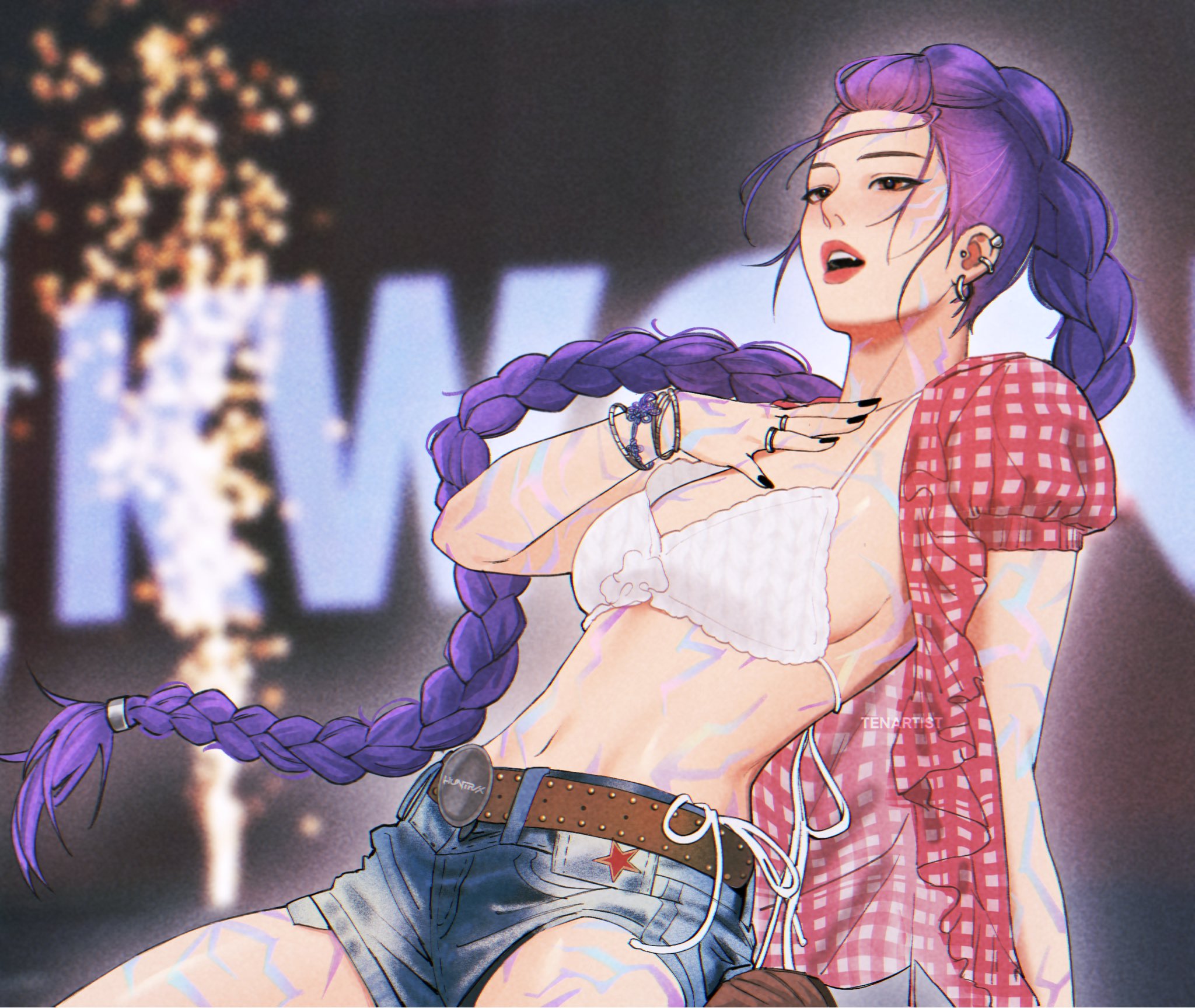 tenartistt, rumi (kpop demon hunters), kpop demon hunters, derivative work, highres, 1girl, belt, bikini, black nails, blurry, blurry background, body markings, bracelet, braid, breasts, brown belt, brown eyes, cowboy shot, demon girl, denim, denim shorts, earrings, facial mark, fireworks, hand on own chest, jewelry, long hair, medium breasts, midriff, multiple earrings, nail polish, navel, open clothes, open mouth, open shirt, plaid clothes, plaid shirt, puffy short sleeves, puffy sleeves, purple hair, red shirt, shirt, short sleeves, shorts, sideboob, single braid, solo, swimsuit, white bikini