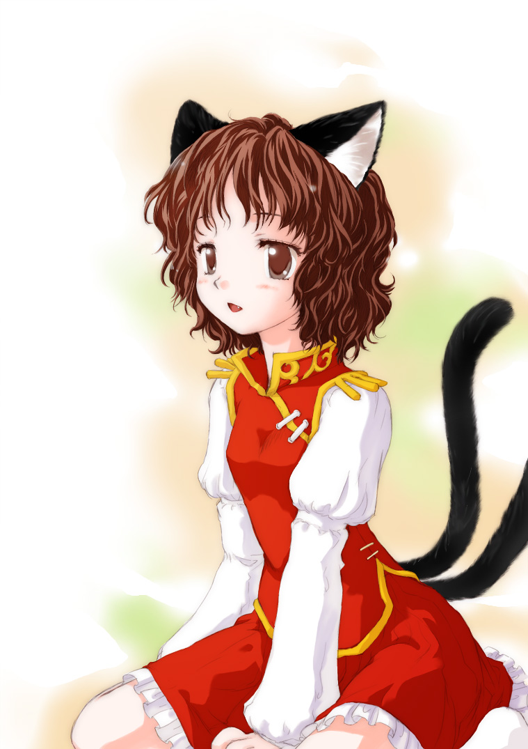 kiriu, chen, touhou, bad id, bad pixiv id, 1girl, animal ears, brown eyes, brown hair, cat ears, cat girl, cat tail, fang, female focus, no headwear, short hair, solo, tail