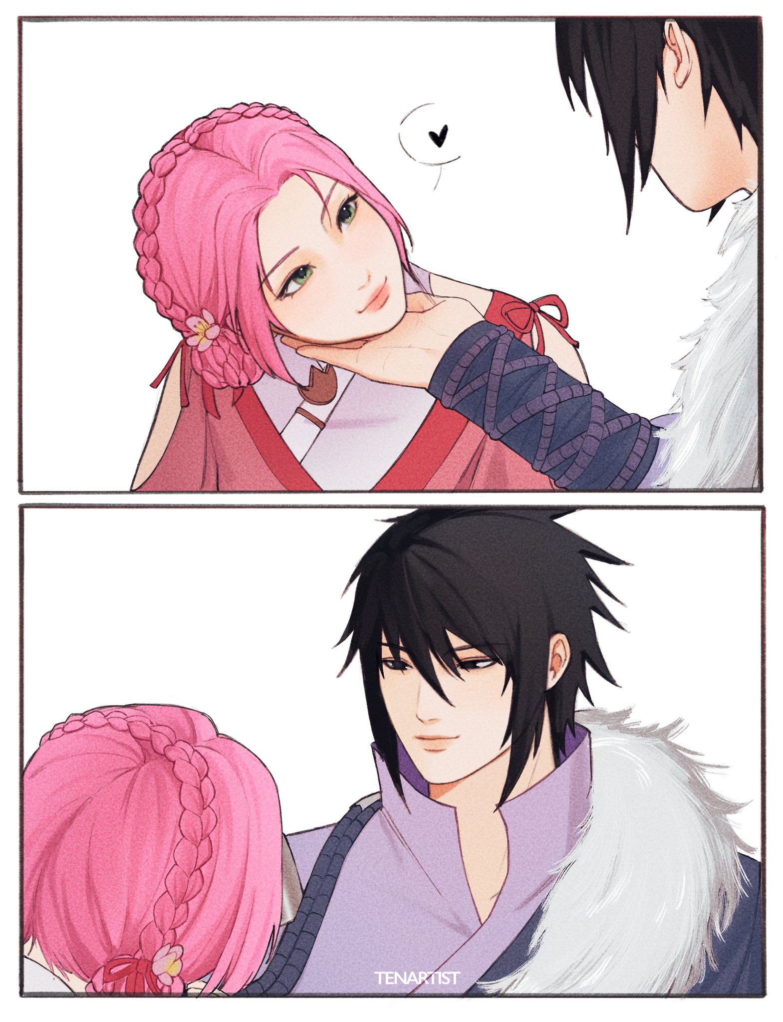 tenartistt, haruno sakura, uchiha sasuke, naruto (series), highres, 1boy, 1girl, artist name, black hair, border, braid, cherry blossoms, couple, crown braid, flower, fur trim, green eyes, hair between eyes, hair flower, hair ornament, hand on another's chin, heart, hetero, japanese clothes, parted bangs, pink flower, pink hair, short hair, smile, spoken heart, upper body, white border