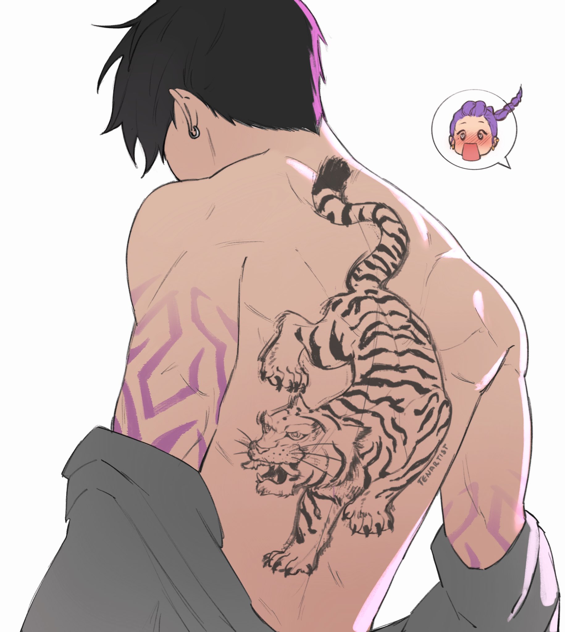 tenartistt, jinu (kpop demon hunters), rumi (kpop demon hunters), kpop demon hunters, highres, 1boy, 1girl, artist name, back tattoo, black hair, blush, body markings, braid, chibi, chibi inset, earrings, grey shirt, heart, heart-shaped pupils, jewelry, long hair, looking at another, male focus, open mouth, purple hair, shirt, shirt partially removed, short hair, single braid, symbol-shaped pupils, tattoo, tiger tattoo, upper body, white background