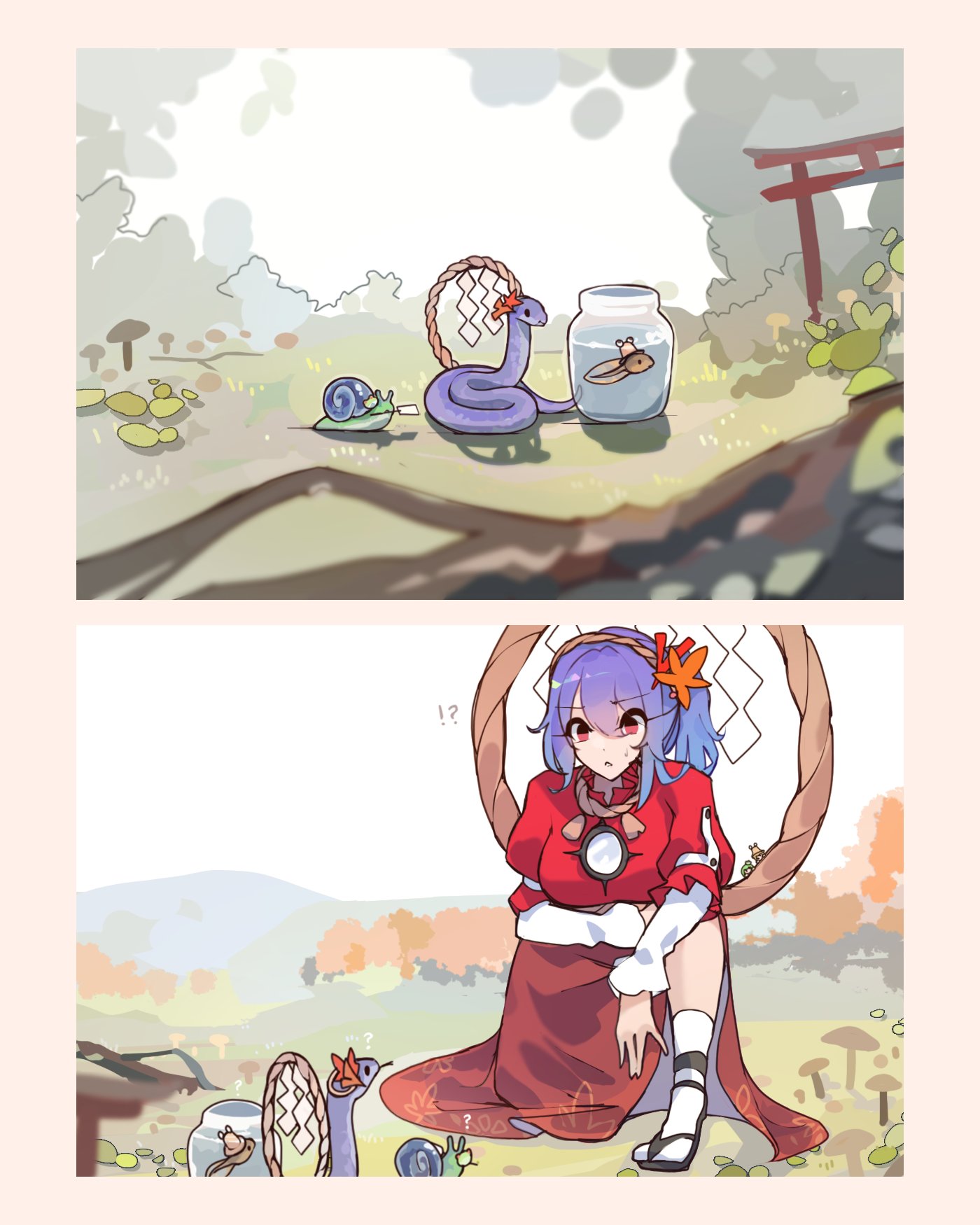 kaliningradg, kochiya sanae, moriya suwako, moriya suwako (frog), yasaka kanako, yasaka kanako (snake), touhou, highres, animalization, arm on knee, black sandals, confused, frog hair ornament, gohei, hair ornament, holding, holding gohei, jar, leaf hair ornament, leaf print, long skirt, long sleeves, maple leaf hair ornament, moss, mountain, mushroom, outdoors, purple hair, red eyes, red shirt, red skirt, rope, sandals, shimenawa, shinto, shirt, skirt, snail, snake, socks, squatting, sweat, tadpole, torii, tree, white shirt, white socks