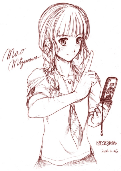 yoshijima ataru, mizusawa mao, kimi kiss, 1girl, braid, cellphone, female focus, hair over shoulder, index finger raised, monochrome, phone, red theme, school uniform, serafuku, sketch, solo, twin braids, twintails