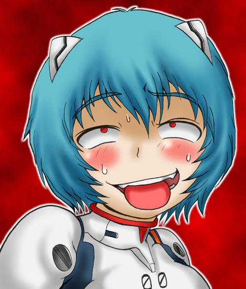ayanami rei, neon genesis evangelion, rozen maiden, third-party edit, 1girl, ahegao, ahegaokin, blue hair, blush, female focus, interface headset (evangelion), mecha pilot suit, parody, plugsuit (evangelion), saliva, solo, tongue