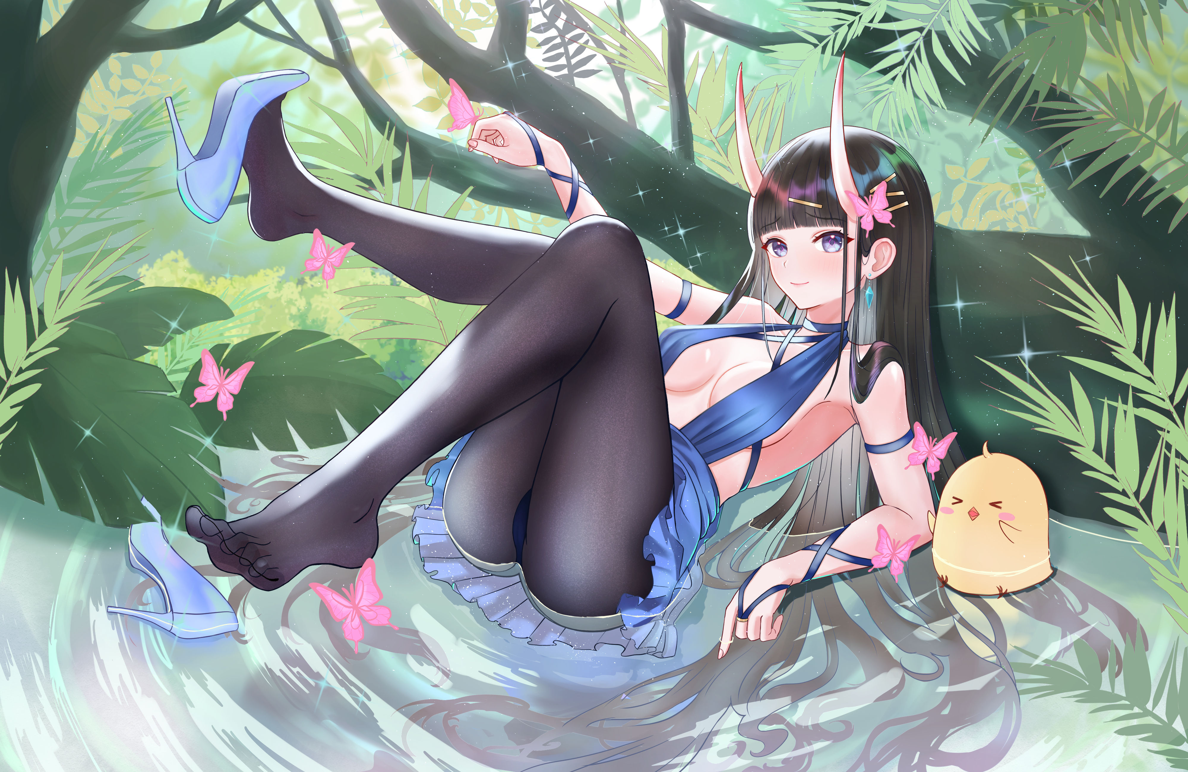 manjuu (azur lane), noshiro (azur lane), azur lane, absurdres, commentary, english commentary, highres, > <, 1girl, alternate costume, ass, bare shoulders, black pantyhose, blue dress, blue shoes, breasts, brown hair, bug, butterfly, butterfly hair ornament, butterfly on hand, center opening, cleavage, dress, earrings, extreme dangling, forest, full body, hair ornament, hairclip, high heels, horns, insect, jewelry, long hair, looking at viewer, lying, medium breasts, nature, on back, outdoors, panties, pantyhose, pantyshot, partially submerged, pink butterfly, purple eyes, shoes, short dress, sleeveless, sleeveless dress, solo, sui (5335), underwear, very long hair, water