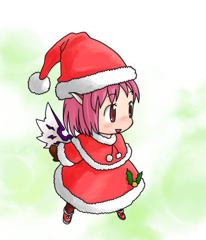 kiriu, mystia lorelei, touhou, bad id, bad pixiv id, lowres, 1girl, capelet, chibi, dress, female focus, full body, gradient background, hat, santa costume, santa dress, santa hat, short hair, simple background, solo, standing, white background, wings