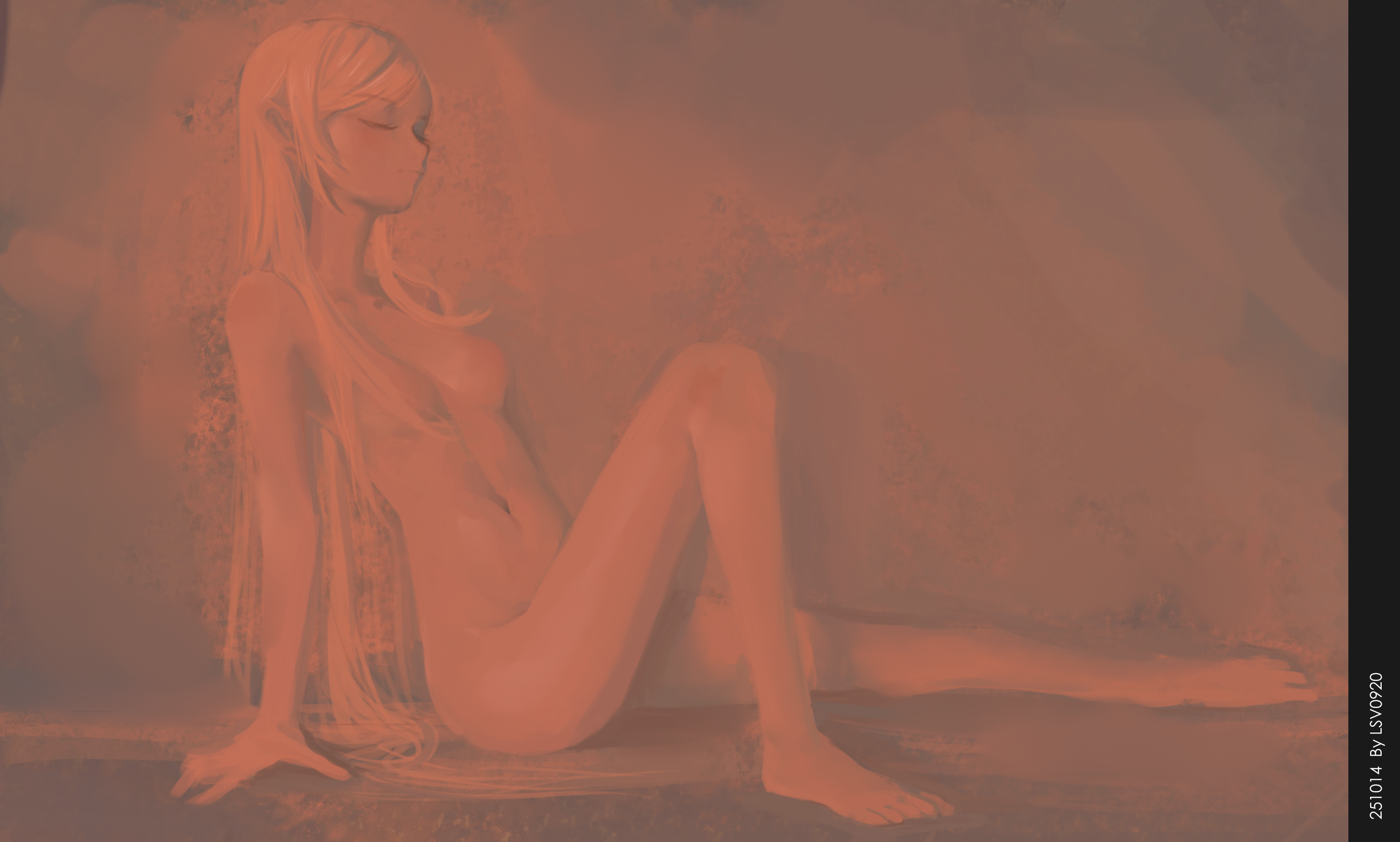 oshino shinobu, bakemonogatari, monogatari (series), highres, 1girl, breasts, closed eyes, long hair, lsv0920, narrow waist, navel, nude, small breasts, solo, swept bangs, vampire