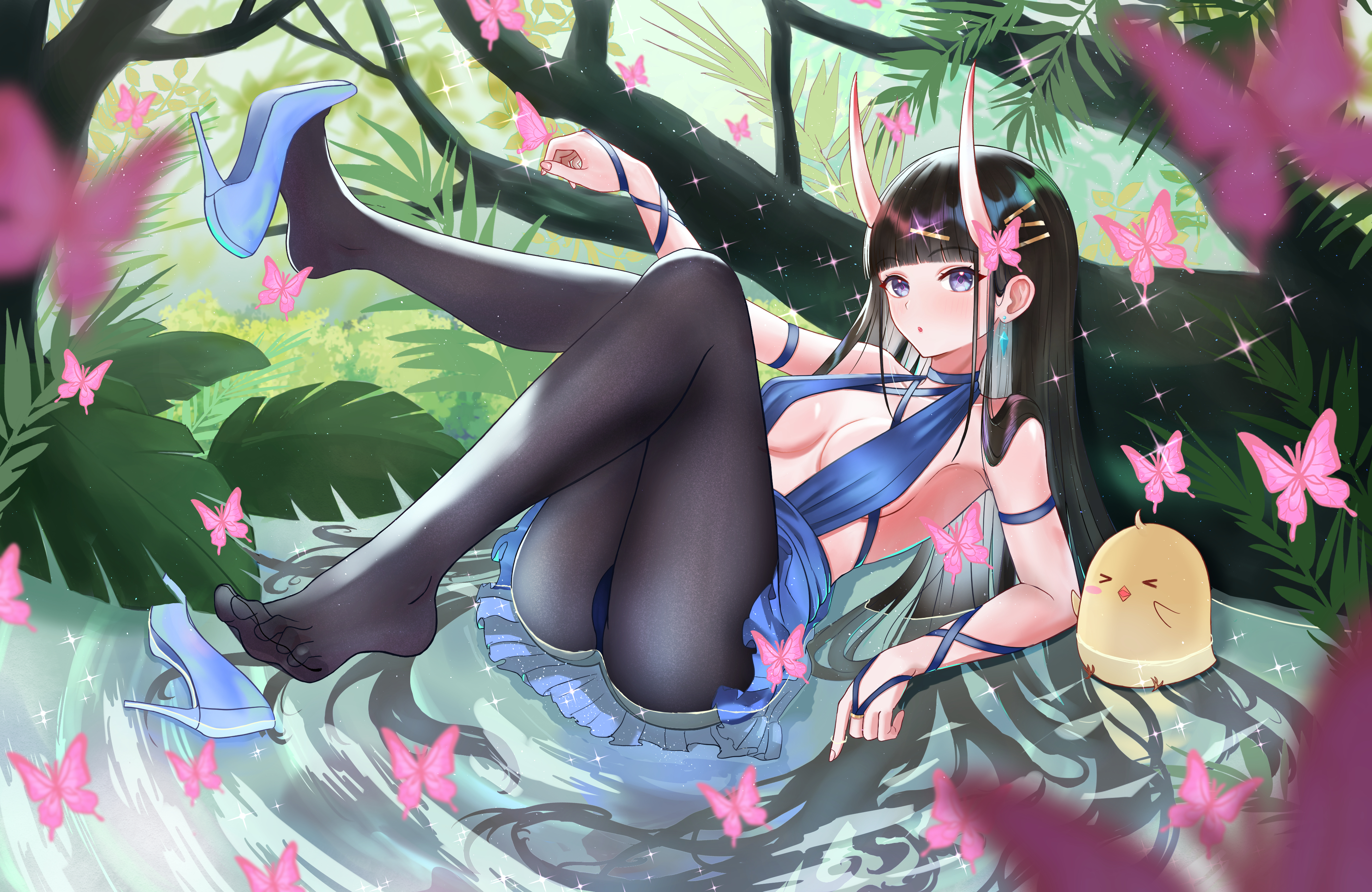 manjuu (azur lane), noshiro (azur lane), azur lane, absurdres, commentary, english commentary, highres, variant set, > <, 1girl, alternate costume, ass, bare shoulders, black pantyhose, blue dress, blue shoes, breasts, brown hair, bug, butterfly, butterfly hair ornament, butterfly on hand, center opening, cleavage, dress, earrings, extreme dangling, forest, full body, hair ornament, hairclip, high heels, horns, insect, jewelry, long hair, looking at viewer, lying, medium breasts, nature, on back, outdoors, panties, pantyhose, pantyshot, partially submerged, pink butterfly, purple eyes, shoes, short dress, sleeveless, sleeveless dress, solo, sparkle, sui (5335), underwear, very long hair, water