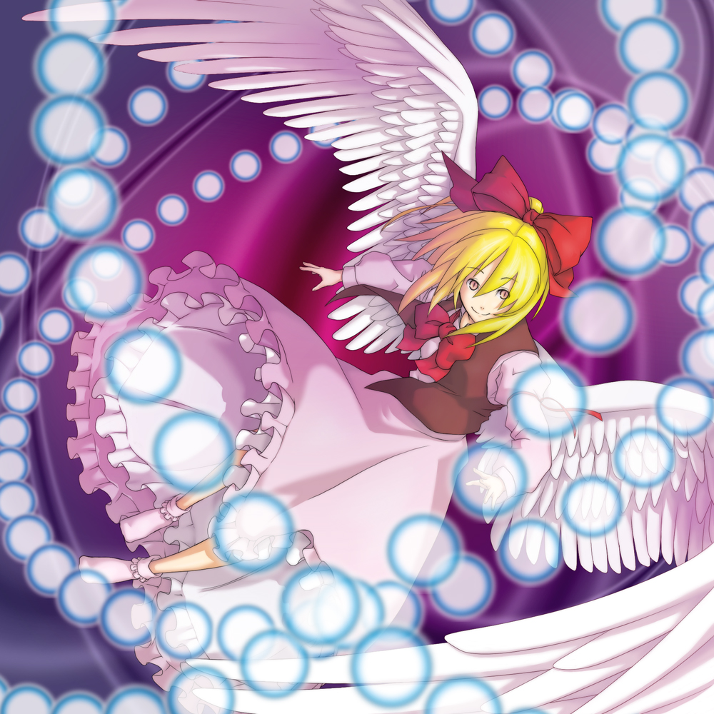 serene (gusarme), serene (pixiv66339), gengetsu (touhou), gengetu, lotus land story, touhou, touhou (pc-98), 1girl, angel wings, blonde hair, bobby socks, bow, bowtie, danmaku, demon, dress, female focus, hair bow, no shoes, red eyes, slit pupils, smile, socks, solo, wings, yellow eyes
