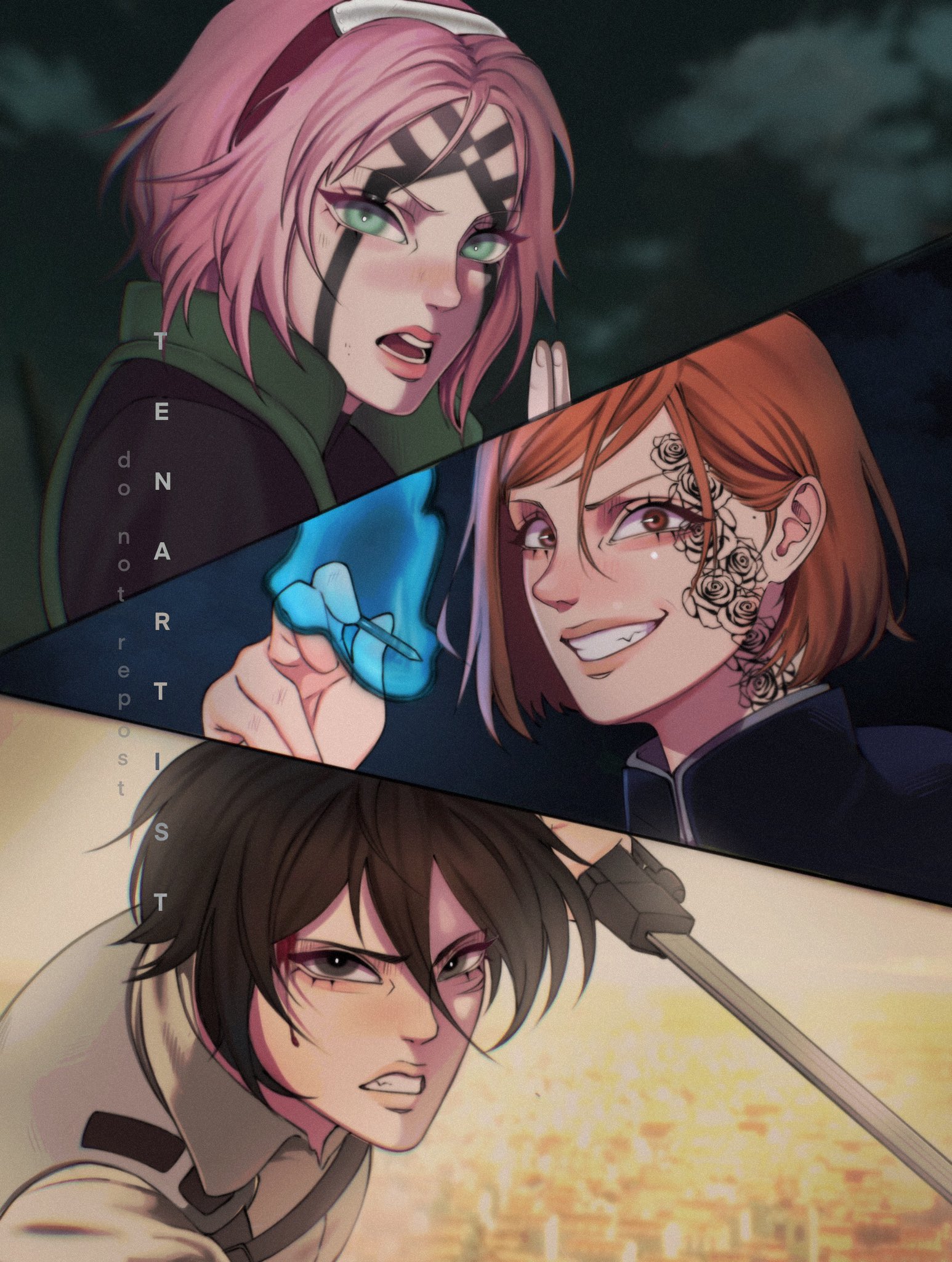 tenartistt, haruno sakura, kugisaki nobara, mikasa ackerman, jujutsu kaisen, naruto (series), shingeki no kyojin, highres, 3girls, artist name, black hair, black jacket, blush, brown eyes, brown hair, collared shirt, facial mark, facial scar, facial tattoo, furrowed brow, green eyes, green vest, grey eyes, grin, hair between eyes, hairband, holding, holding sword, holding weapon, jacket, jujutsu tech uniform, multiple girls, open mouth, parted bangs, pink hair, red hairband, scar, scar on cheek, scar on face, shirt, short hair, smile, sword, tattoo, teeth, upper body, vest, weapon, white shirt