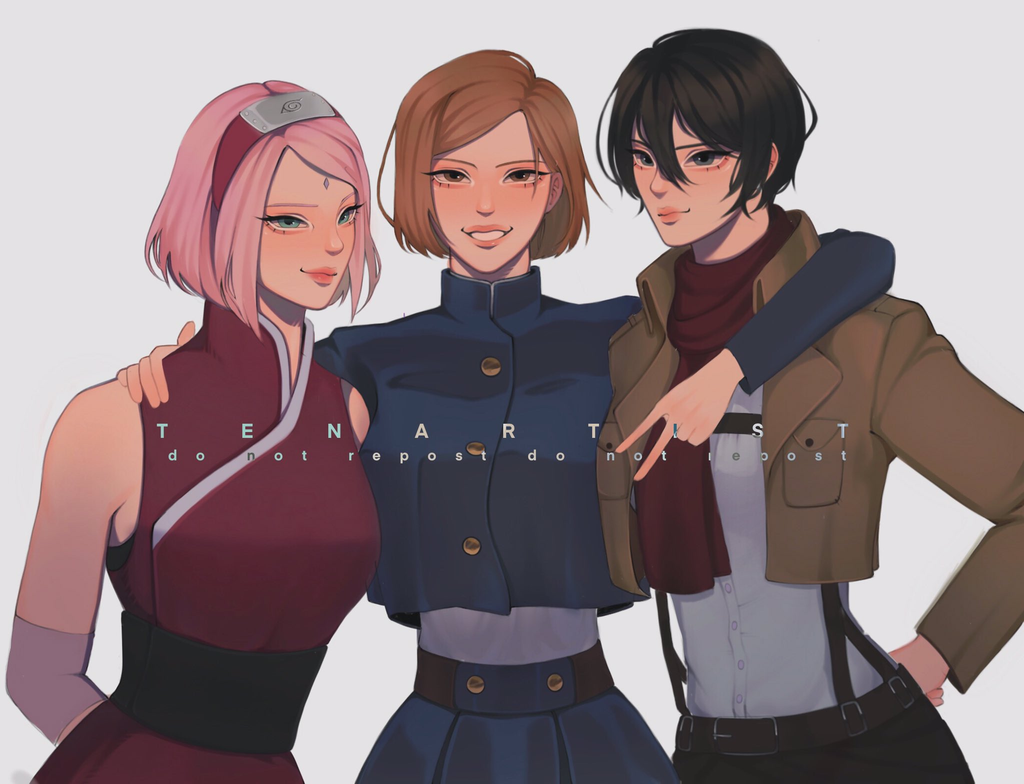 tenartistt, haruno sakura, kugisaki nobara, mikasa ackerman, jujutsu kaisen, naruto (series), shingeki no kyojin, highres, 3girls, arm around shoulder, arm behind back, artist name, black hair, breasts, brown eyes, brown hair, brown jacket, closed mouth, cropped jacket, dress, elbow sleeve, facial mark, forehead mark, gold buttons, green eyes, grey eyes, hair between eyes, hairband, hand on another's shoulder, hand on own hip, harness, jacket, jujutsu tech uniform, medium breasts, multiple girls, parted bangs, parted lips, pink hair, red dress, red hairband, red scarf, scarf, shirt, short hair, sleeveless, sleeveless dress, smile, suspenders, swept bangs, v, white shirt