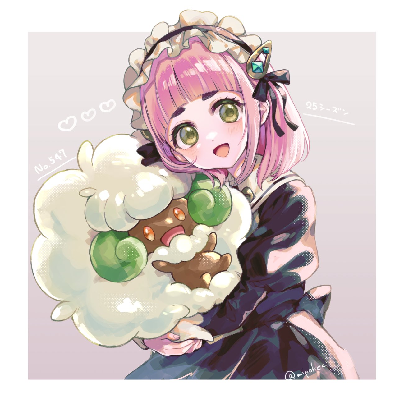 mipokec, lacey (fall 2025) (pokemon), lacey (pokemon), whimsicott, nintendo, pokemon, pokemon masters ex, highres, 1girl, :d, arched bangs, black dress, border, brown eyes, dress, gen 5 pokemon, hair ornament, hairclip, holding, holding pokemon, juliet sleeves, long sleeves, maid, maid headdress, official alternate costume, open mouth, pink hair, pokedex number, pokemon (creature), puffy sleeves, short hair, smile, white border