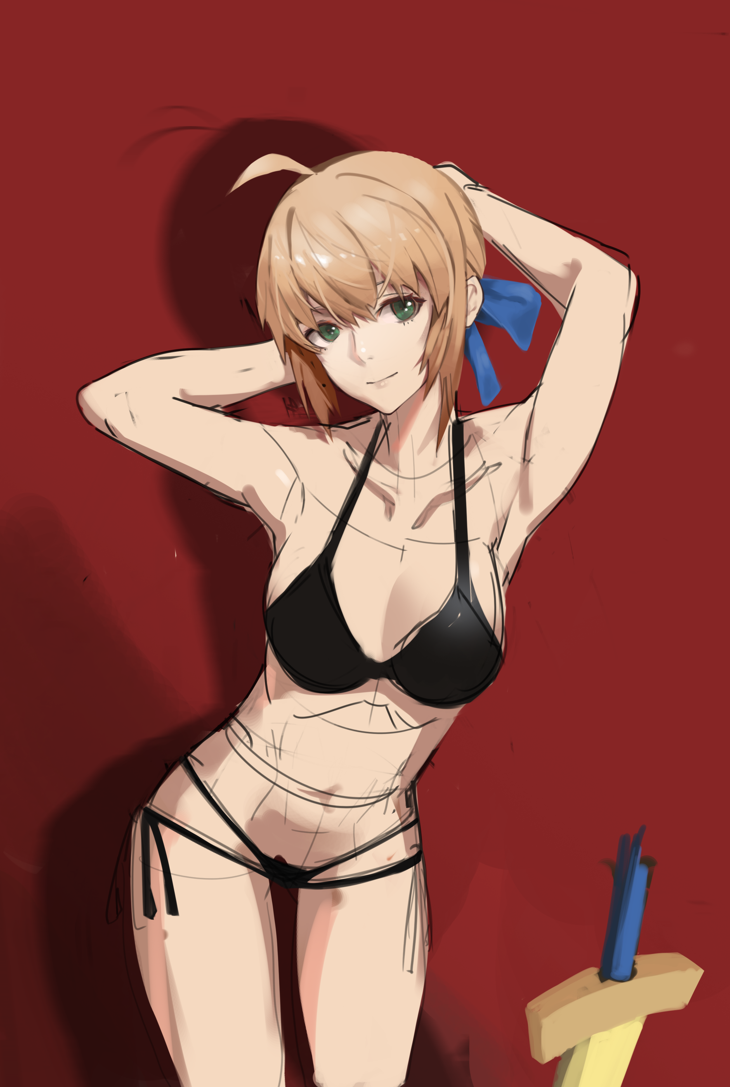 aesc (fate), artoria pendragon (fate), saber (fate), fate/grand order, fate/stay night, fate (series), type-moon, absurdres, highres, unfinished, 1girl, ahoge, armpits, bikini, black bikini, blonde hair, breasts, choppy bangs, cleavage, cowboy shot, green eyes, hair bun, large breasts, leaning forward, lsv0920, medium breasts, red background, shadow, sidelocks, simple background, sketch, swimsuit, sword, thigh gap, upper body, weapon