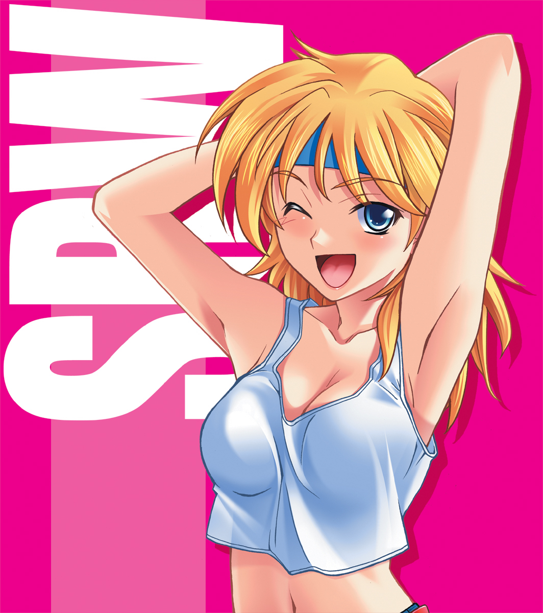 hozumi takashi, lune zoldark, banpresto, super robot wars, super robot wars original generation, super robot wars the lord of elemental, highres, 1girl, armpits, arms behind back, blonde hair, breasts, cleavage, female focus, headband, long hair, one eye closed, solo, tank top, wink