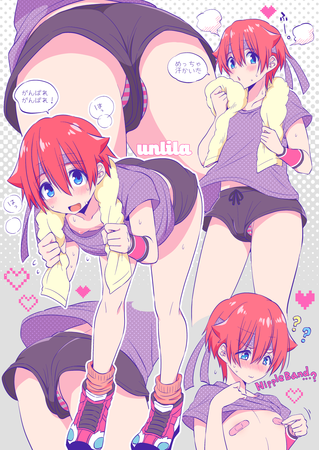 nagano rira, hibiki yuuta, gridman universe, ssss.gridman, commentary request, highres, 1boy, artist name, ass, bandages, blue eyes, clothes lift, covered erect nipples, crossdressing, crossdressing (mtf), headband, male focus, multiple views, orange hair, panties, shirt, shirt lift, shoes, short shorts, shorts, sneakers, speech bubble, standing, striped clothes, striped panties, sweat, towel, trap, underwear, wristband