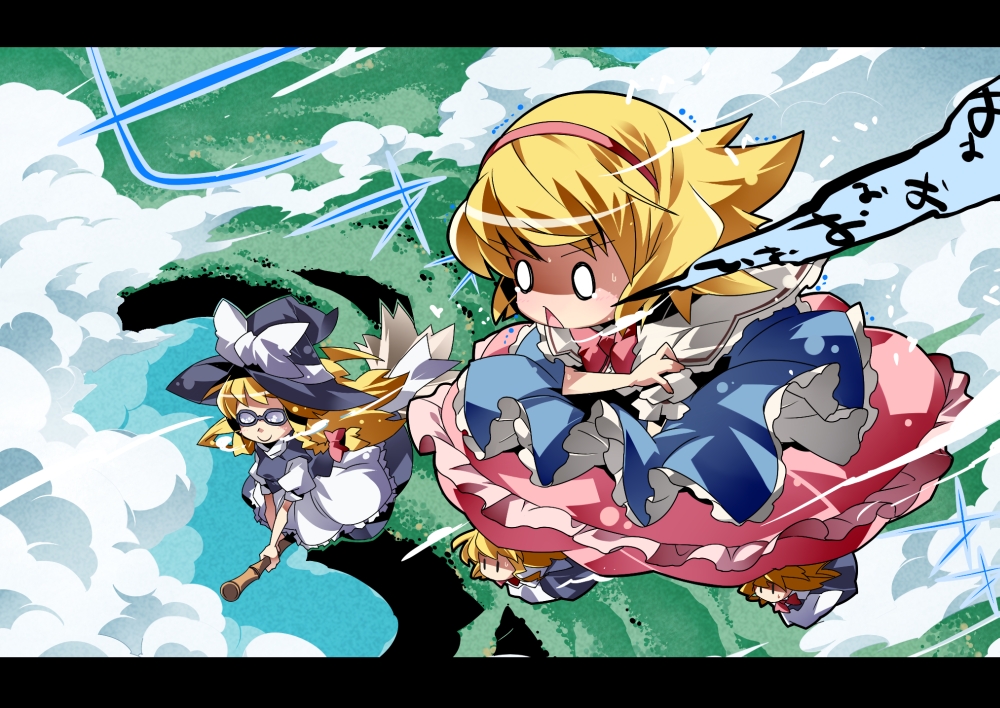 nyuusankin, alice margatroid, kirisame marisa, shanghai doll, touhou, 2girls, blonde hair, broom, broom riding, cloud, dress, female focus, flying, glasses, goggles, hairband, hat, letterboxed, multiple girls, nature, o o, outdoors, plant, ribbon, witch