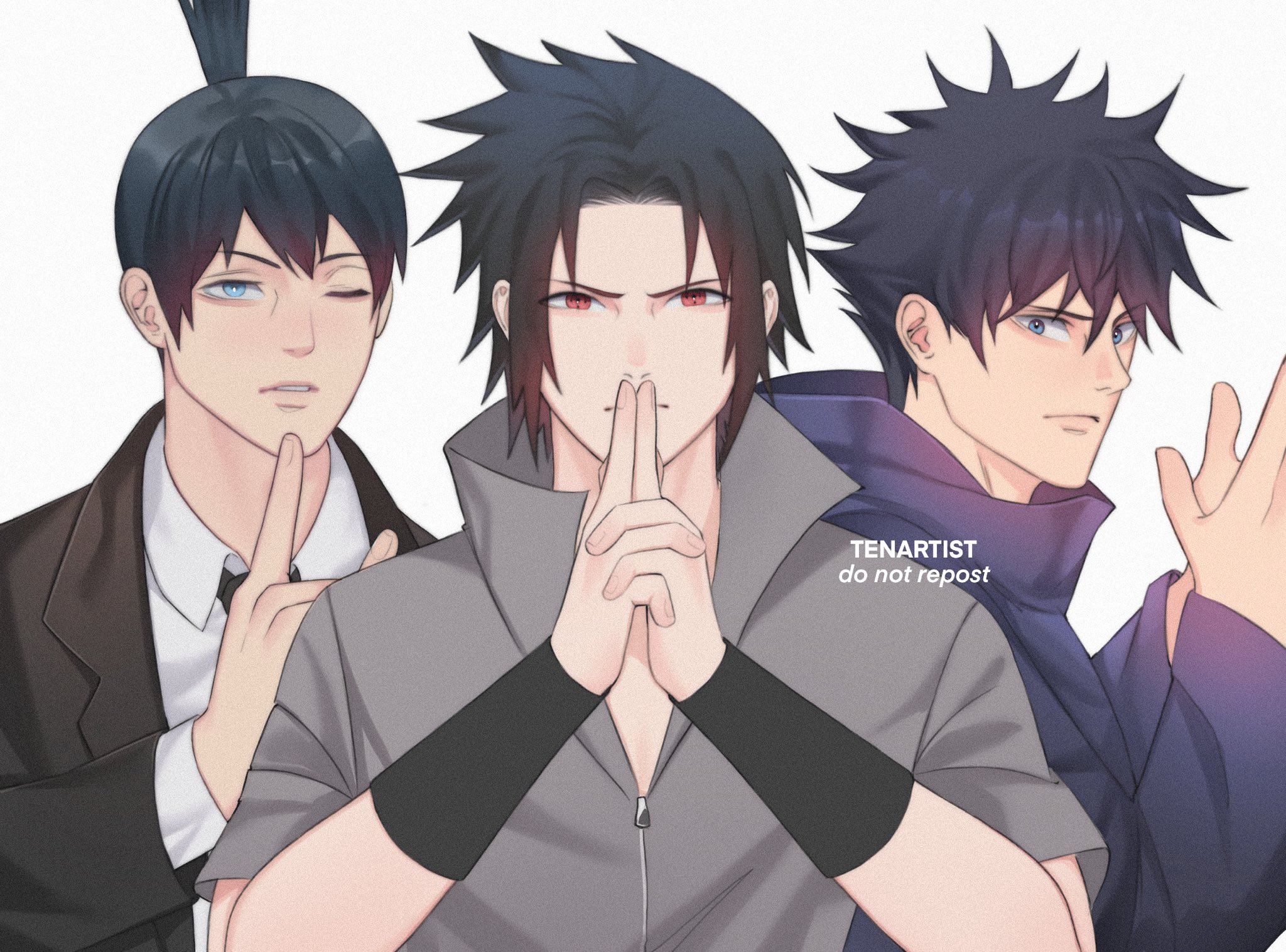 tenartistt, fushiguro megumi, hayakawa aki, uchiha sasuke, chainsaw man, jujutsu kaisen, naruto (series), highres, 3boys, artist name, black hair, black jacket, black necktie, blue eyes, closed mouth, collared shirt, fox shadow puppet, furrowed brow, grey shirt, jacket, jujutsu tech uniform, male focus, multiple boys, necktie, one eye closed, own hands together, parted bangs, parted lips, ponytail, red eyes, sharingan, shirt, short hair, short ponytail, spiked hair, suit jacket, upper body, white background, white shirt