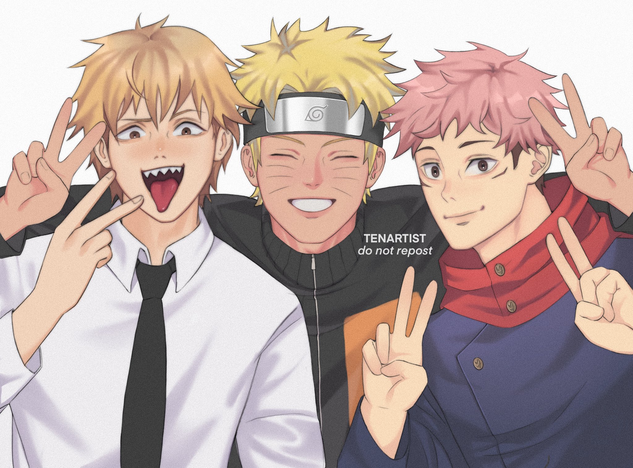 tenartistt, denji (chainsaw man), itadori yuuji, uzumaki naruto, chainsaw man, jujutsu kaisen, naruto (series), highres, 3boys, arm around shoulder, artist name, black headband, black jacket, blonde hair, brown eyes, closed eyes, closed mouth, collared shirt, double v, facial mark, grin, headband, jacket, jujutsu tech uniform, male focus, multicolored jacket, multiple boys, open mouth, orange jacket, pink hair, sharp teeth, shirt, short hair, smile, spiked hair, teeth, tongue, tongue out, two-tone jacket, upper body, v, whisker markings, white background, white shirt