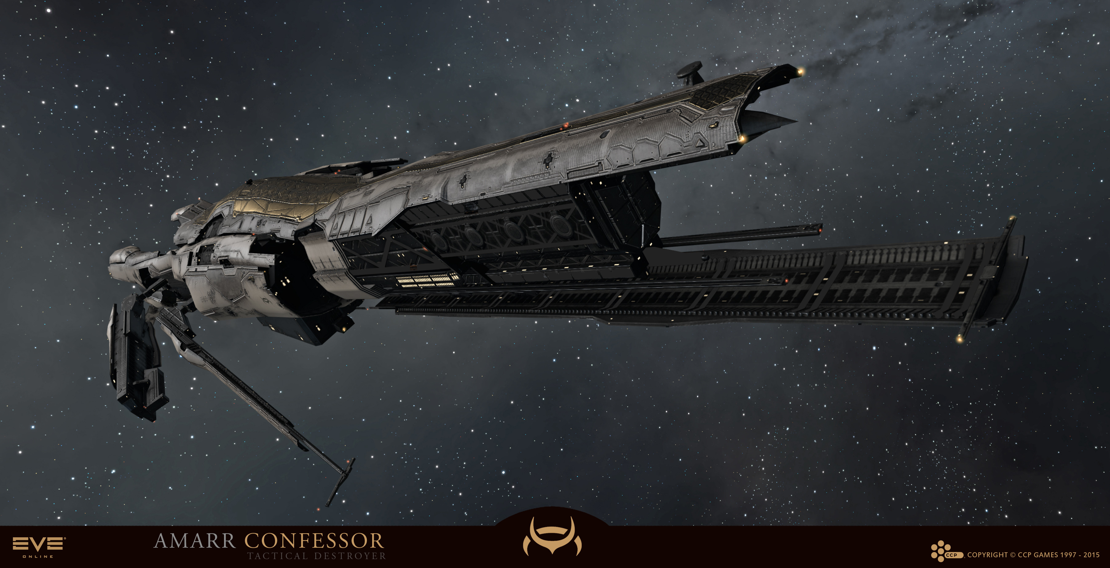 eve online, absurdres, commentary, english commentary, highres, maya (medium), official art, 3d, advanced ship (eve online), amarr empire (eve online), attack ship (eve online), company logo, company name, confessor (eve online), copyright logo, copyright name, dated, destroyer (eve online), english text, glowing, grey background, logo, military vehicle, no humans, outdoors, science fiction, space, spacecraft, star (sky), starry sky background, tactical destroyer (eve online), tech 3 ship (eve online), vehicle focus, vehicle name, viziam (eve online), ymir jonsson