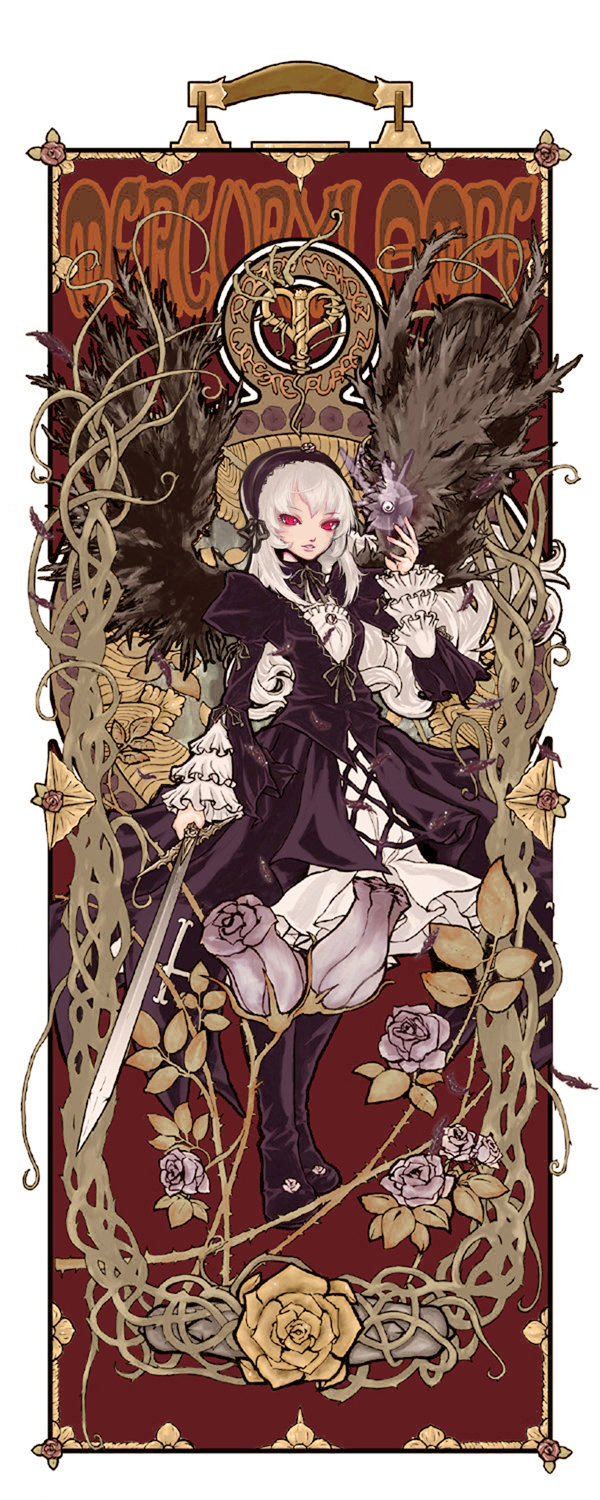 fujinozu, suigintou, rozen maiden, silver hair, highres, md5 mismatch, translated, 00s, 1girl, art nouveau, dress, feathers, female focus, flower, frills, german text, hairband, long hair, plant, red eyes, solo, sword, text focus, vines, weapon, wings