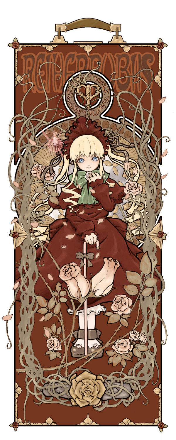 fujinozu, shinku, rozen maiden, highres, translated, 00s, 1girl, art nouveau, blonde hair, blue eyes, bonnet, bow, cane, dress, drill hair, female focus, flower, german text, long hair, plant, solo, text focus, vines