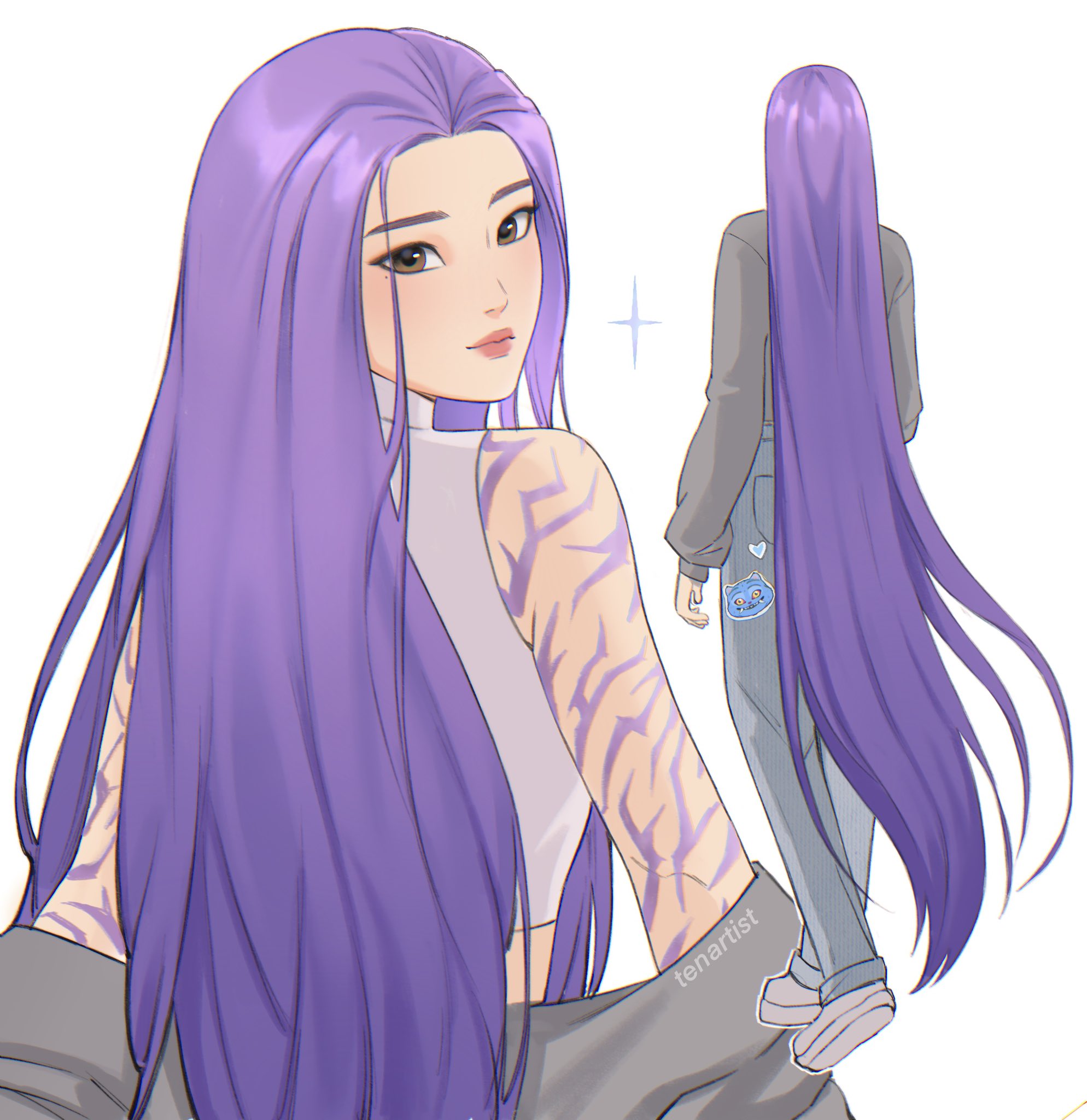tenartistt, derpy (kpop demon hunters), rumi (kpop demon hunters), kpop demon hunters, highres, 1girl, artist name, bare shoulders, body mainte, brown eyes, closed mouth, crop top, facing away, from behind, grey pants, grey shirt, jacket, jacket partially removed, long hair, looking at viewer, multiple views, pants, parted bangs, pink lips, purple hair, shirt, sleeveless, sleeveless shirt, sparkle, upper body, white shirt