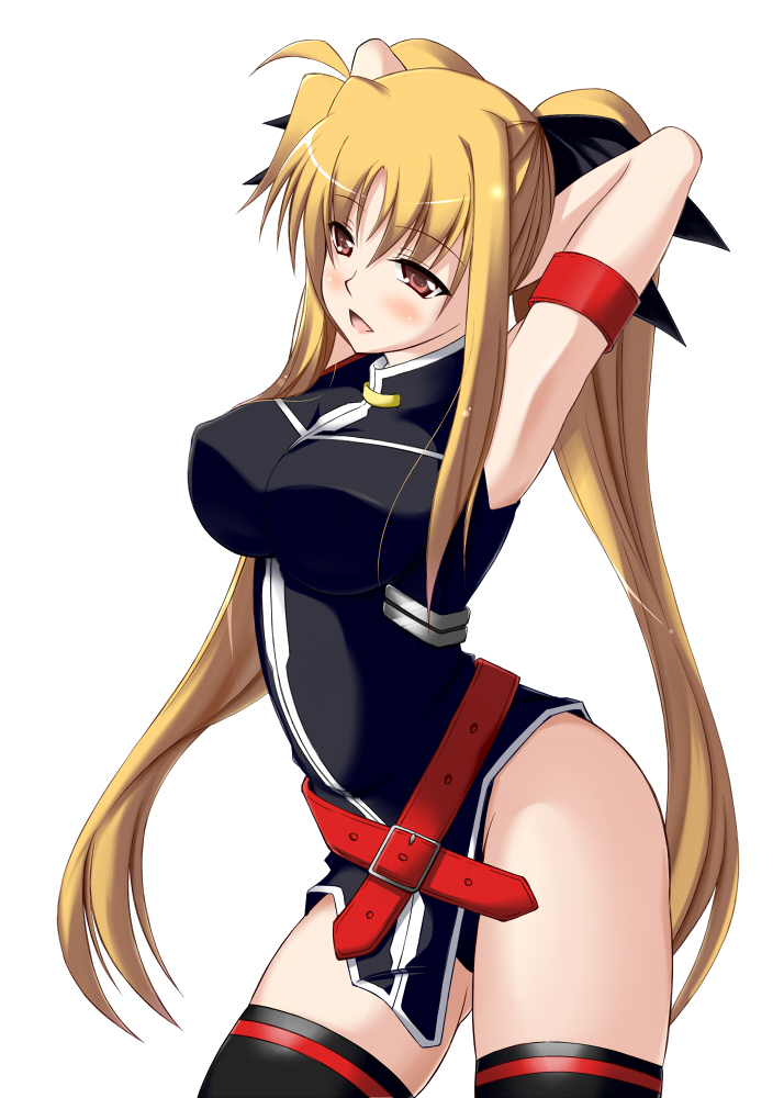 sakura yuu, fate testarossa, fate testarossa (true sonic form), lyrical nanoha, mahou shoujo lyrical nanoha, mahou shoujo lyrical nanoha strikers, 00s, 1girl, armpits, arms up, belt, blonde hair, blush, breasts, female focus, hair ribbon, hip focus, large breasts, long hair, red eyes, ribbon, solo, thighhighs, twintails