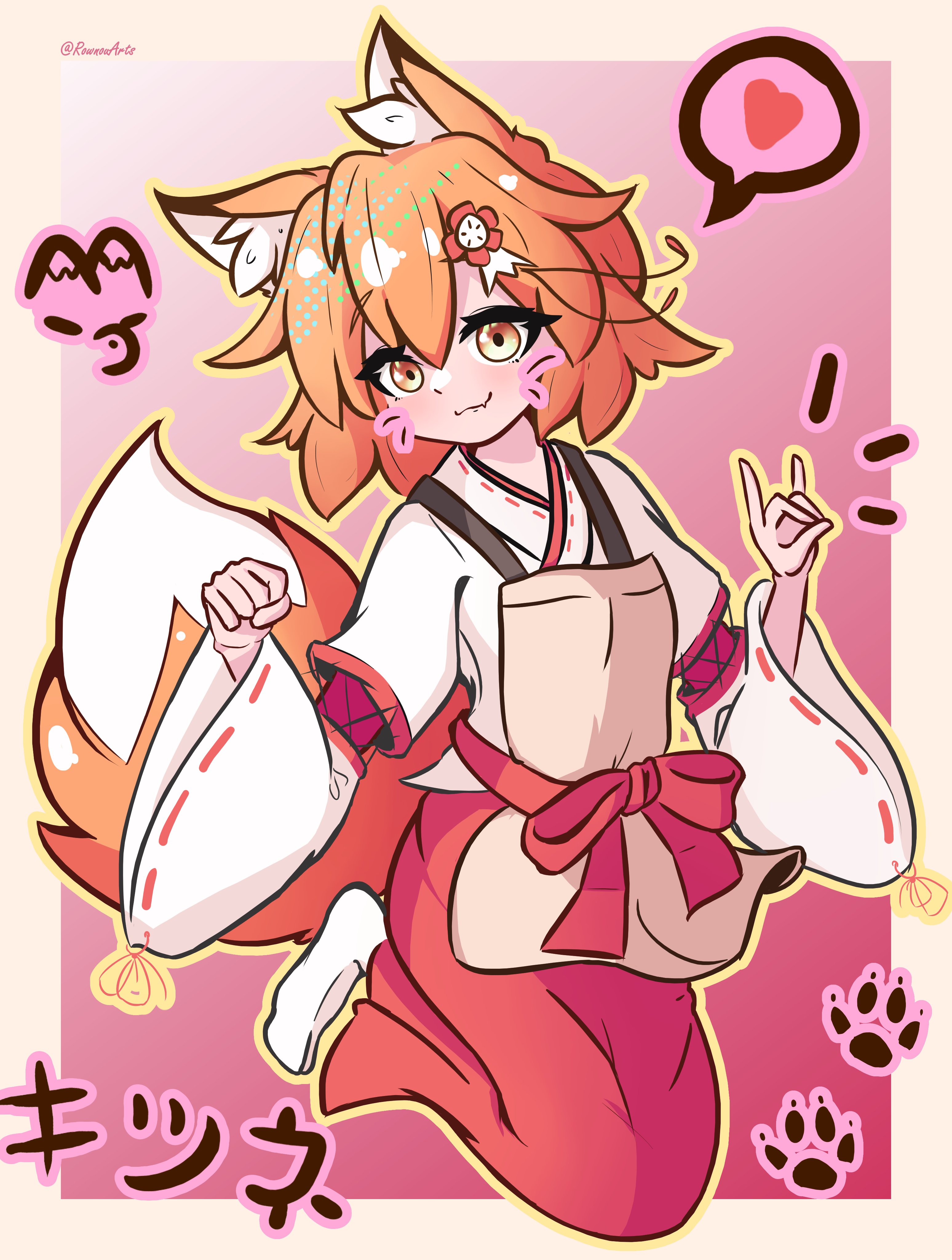 rownou, senko (sewayaki kitsune no senko-san), sewayaki kitsune no senko-san, absurdres, highres, 1girl, animal ear fluff, animal ears, blush, fang, fox ears, fox girl, fox tail, full body, hair between eyes, hair ornament, heart, long sleeves, pink background, ribbon-trimmed sleeves, ribbon trim, simple background, skin fang, socks, solo, spoken heart, tail, whiskers, white socks, wide sleeves