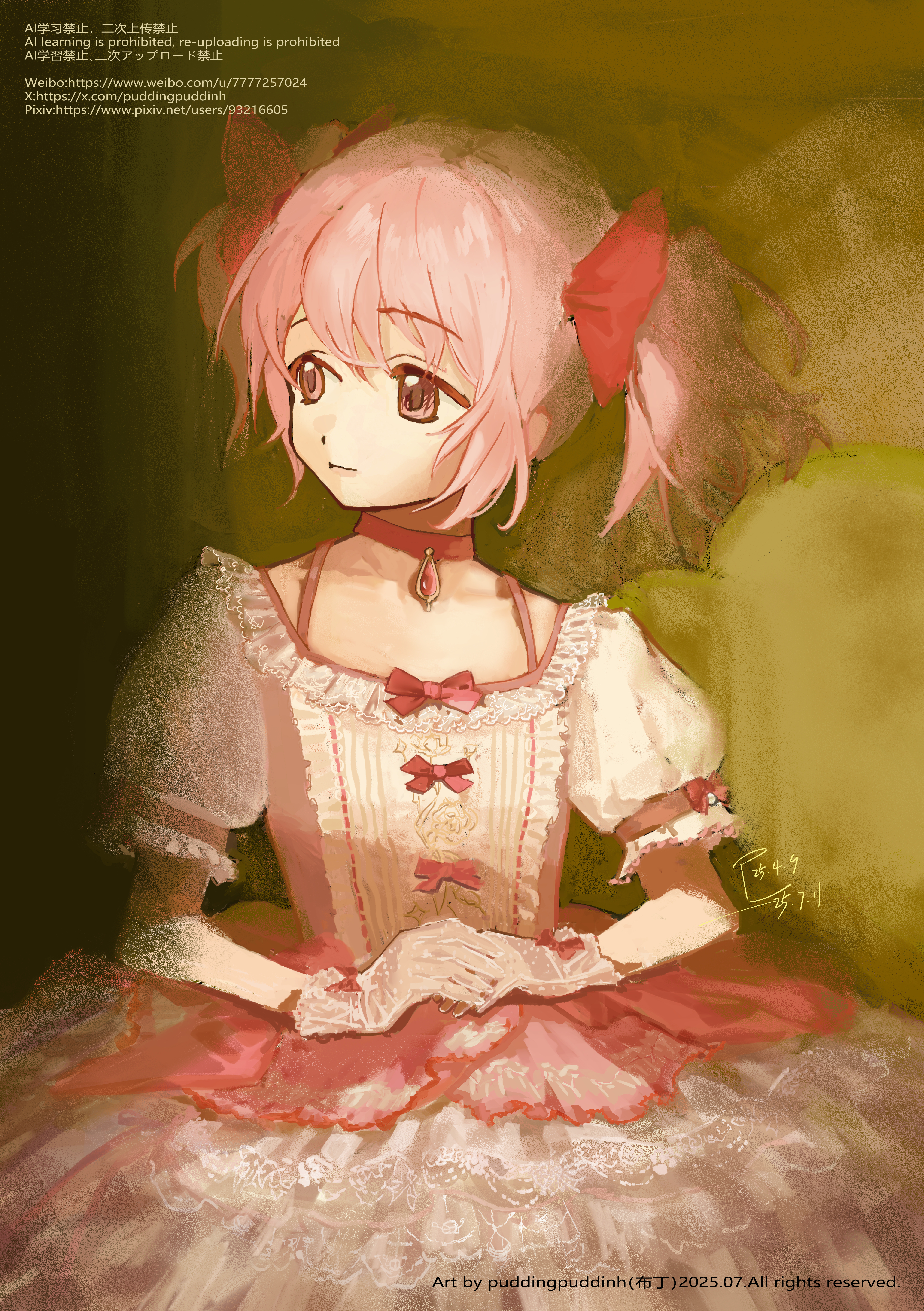 kaname madoka, mahou shoujo madoka magica, mahou shoujo madoka magica (anime), absurdres, highres, 1girl, bow, bubble skirt, choker, dress, frilled sleeves, frills, gloves, hair bow, looking to the side, own hands together, pink dress, pink eyes, pink hair, pudding (puddingpuddinh), puffy short sleeves, puffy sleeves, red bow, red choker, short sleeves, short twintails, signature, skirt, solo, twintails, white gloves
