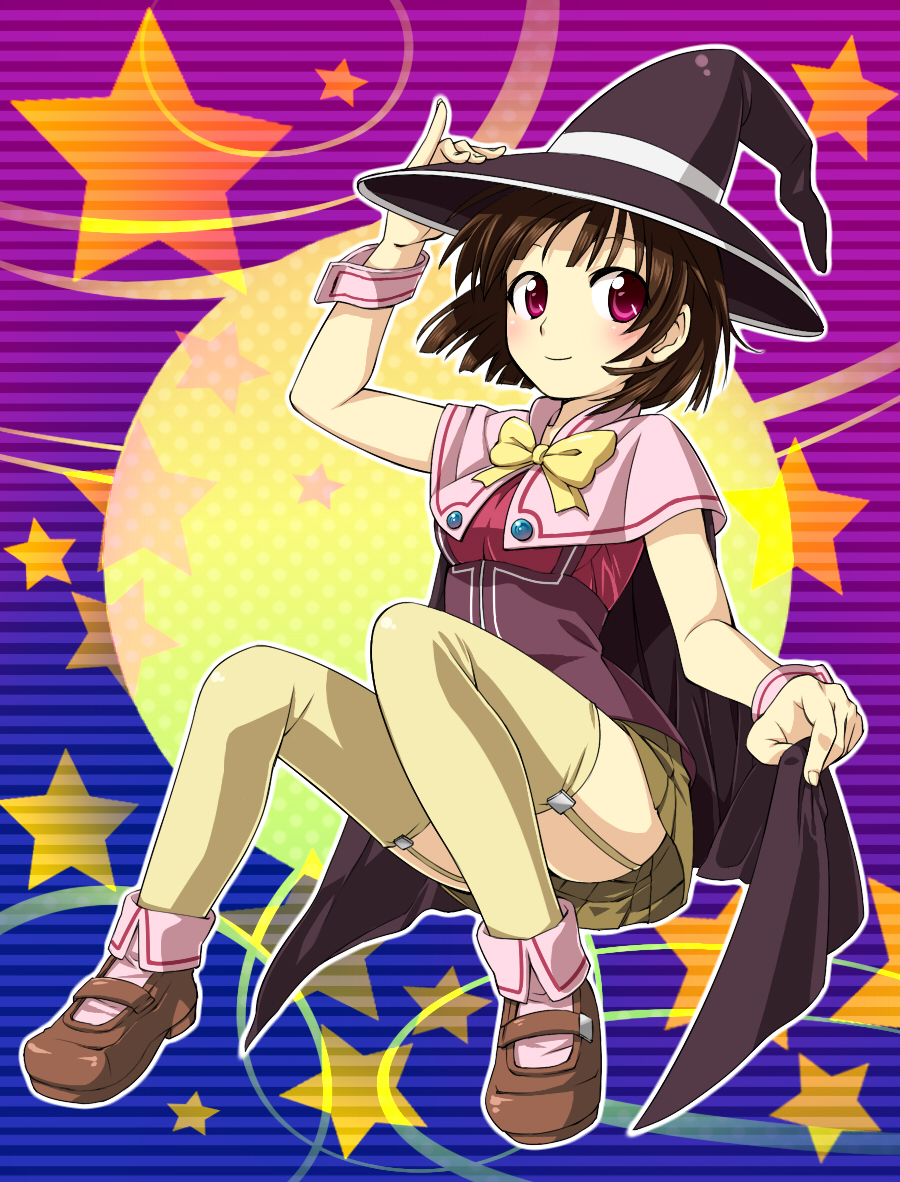 aisora, sendou yukari, rosario+vampire, bad id, bad pixiv id, 00s, 1girl, black hair, bob cut, cape, female focus, garter belt, hat, purple eyes, school uniform, short hair, skirt, sleeveless, solo, thighhighs, witch hat, wrist cuffs, wristband