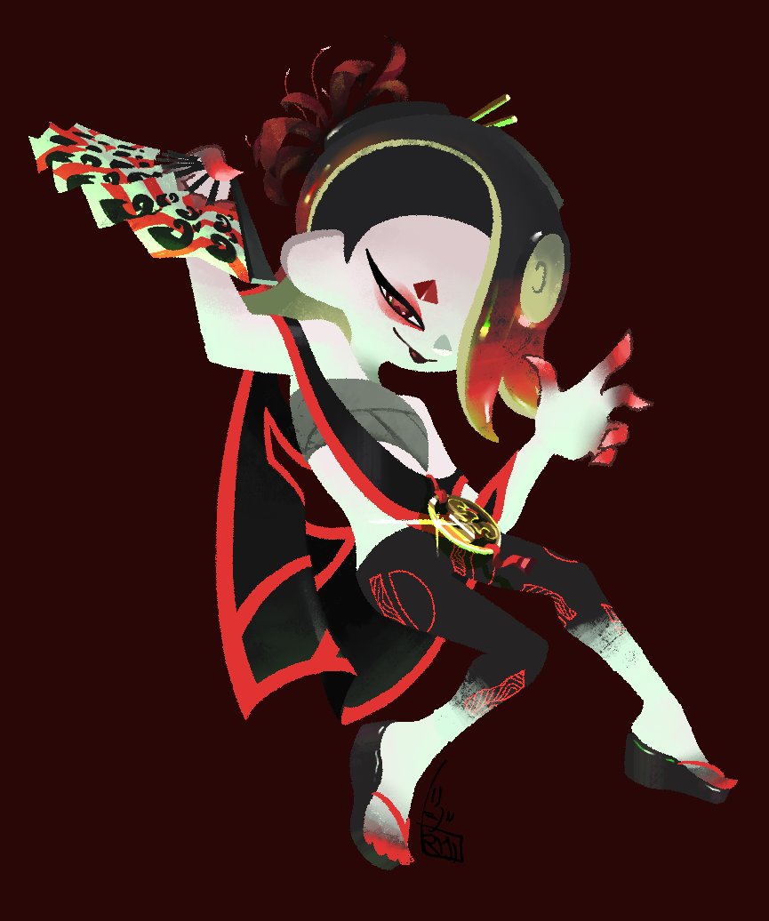 shiver (splatoon), shiver (splatoween) (splatoon), nintendo, splatoon (series), splatoon 3, 1girl, black hair, black lips, capelet, chest sarashi, eyeshadow, flip-flops, flower, folding fan, full body, hair ornament, hair stick, hand fan, makeup, multicolored hair, paper fan, red hair, sandals, sarashi, smile, solo, spider lily, tentacle hair, two-tone hair